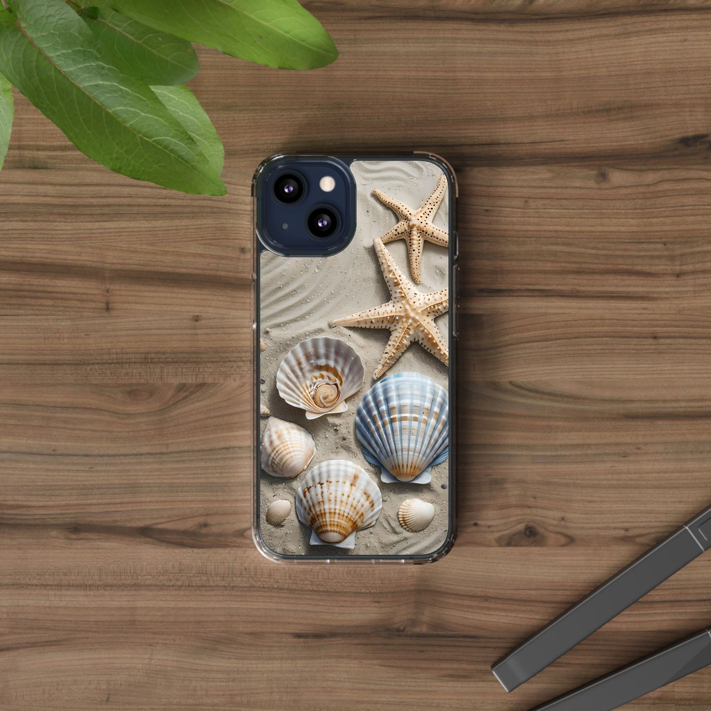 Beach-Themed Clear Phone Case with Shells & Starfish