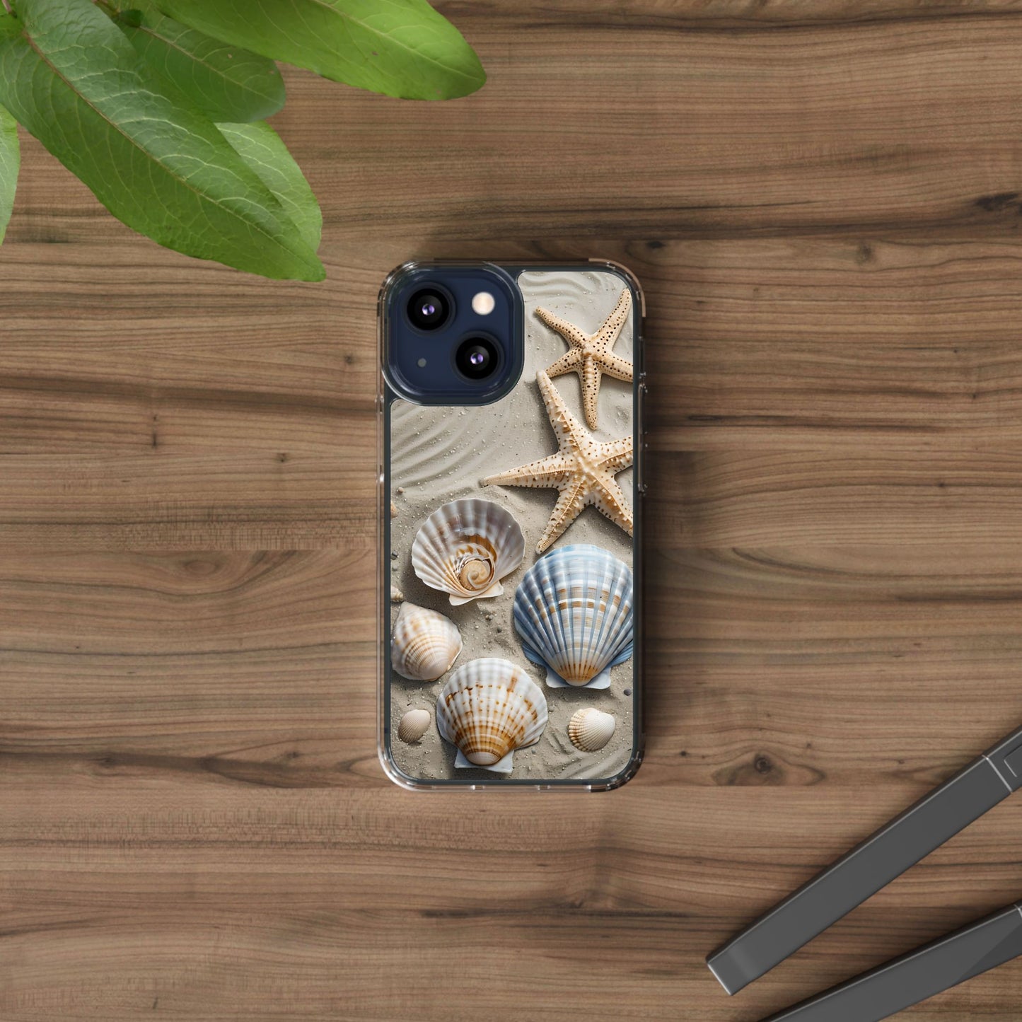 Beach-Themed Clear Phone Case with Shells & Starfish