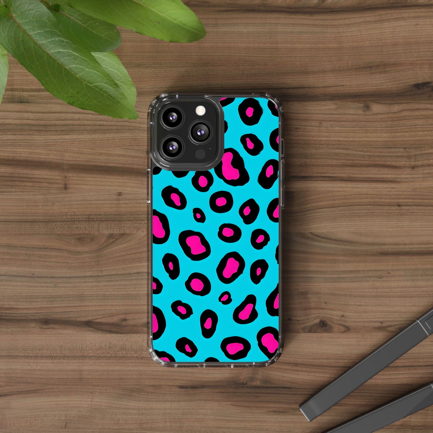 Trendy Clear Phone Case with Pink Leopard Print