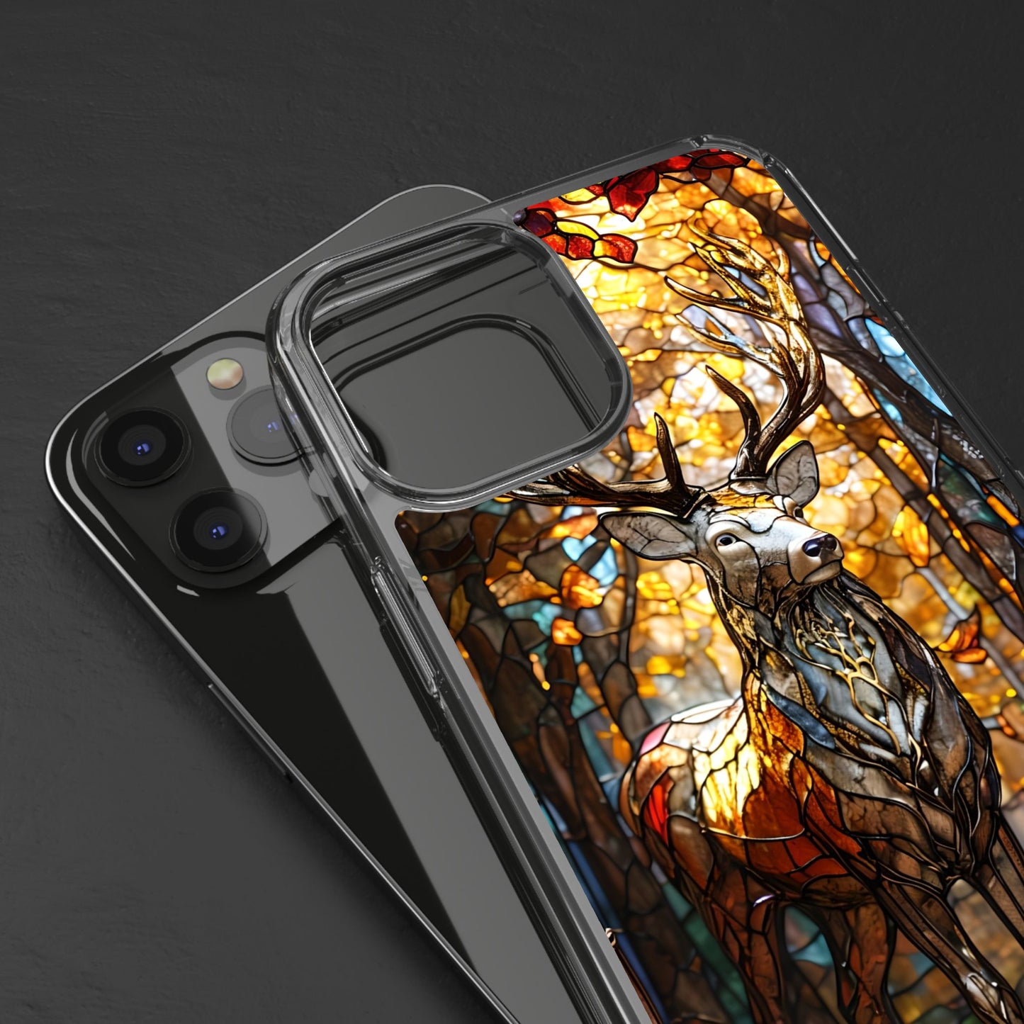 Stained Glass Deer Phone Case, Nature Lover Gift, Autumn Decor, Clear Phone Cover, Wildlife Accessory, Eco-Friendly Design