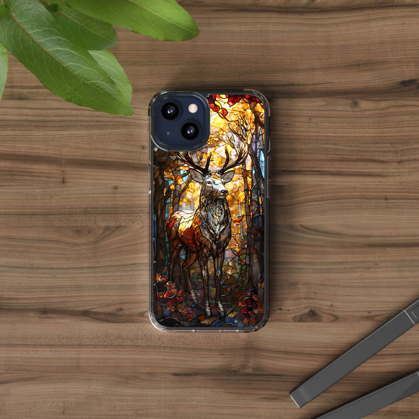 Stained Glass Deer Phone Case, Nature Lover Gift, Autumn Decor, Clear Phone Cover, Wildlife Accessory, Eco-Friendly Design