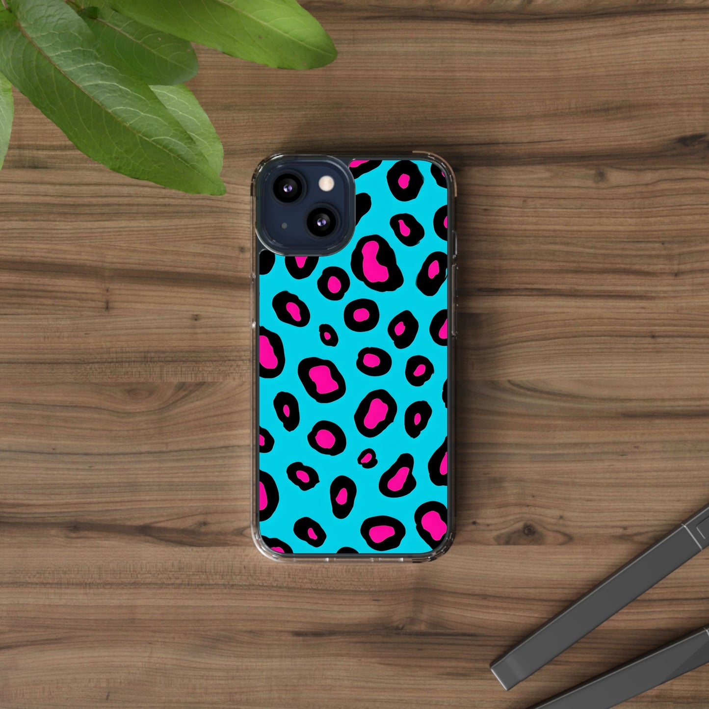 Trendy Clear Phone Case with Pink Leopard Print