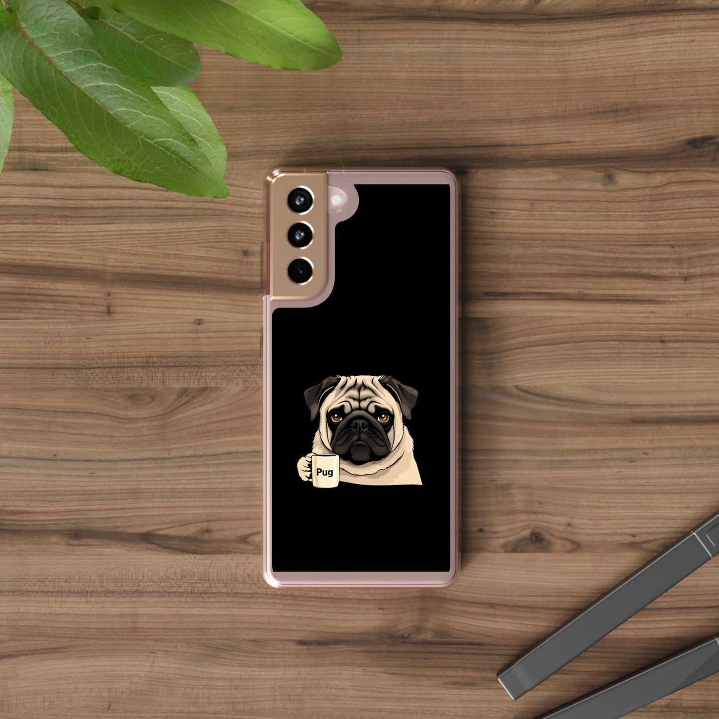 Pug Dog Clear Case with Coffee Mug Design - Cute Phone Cover