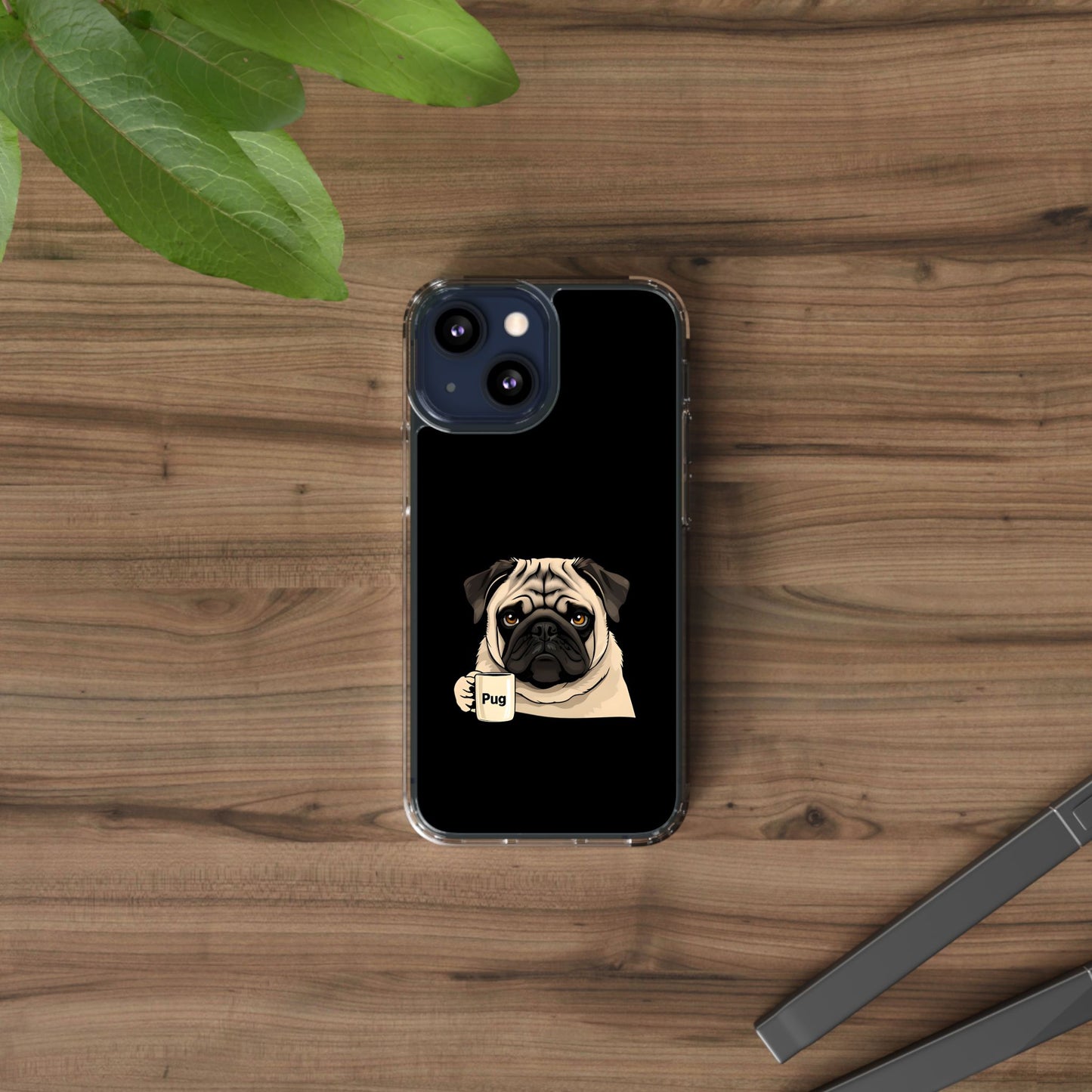 Pug Dog Clear Case with Coffee Mug Design - Cute Phone Cover