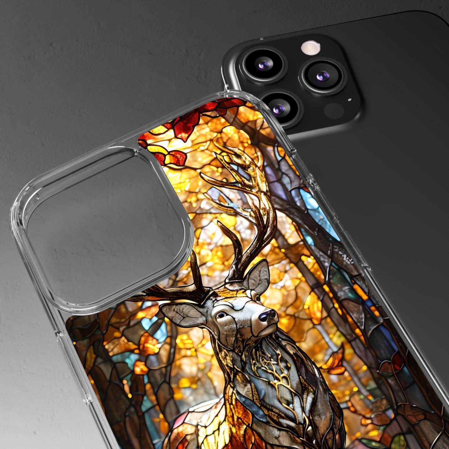 Stained Glass Deer Phone Case, Nature Lover Gift, Autumn Decor, Clear Phone Cover, Wildlife Accessory, Eco-Friendly Design