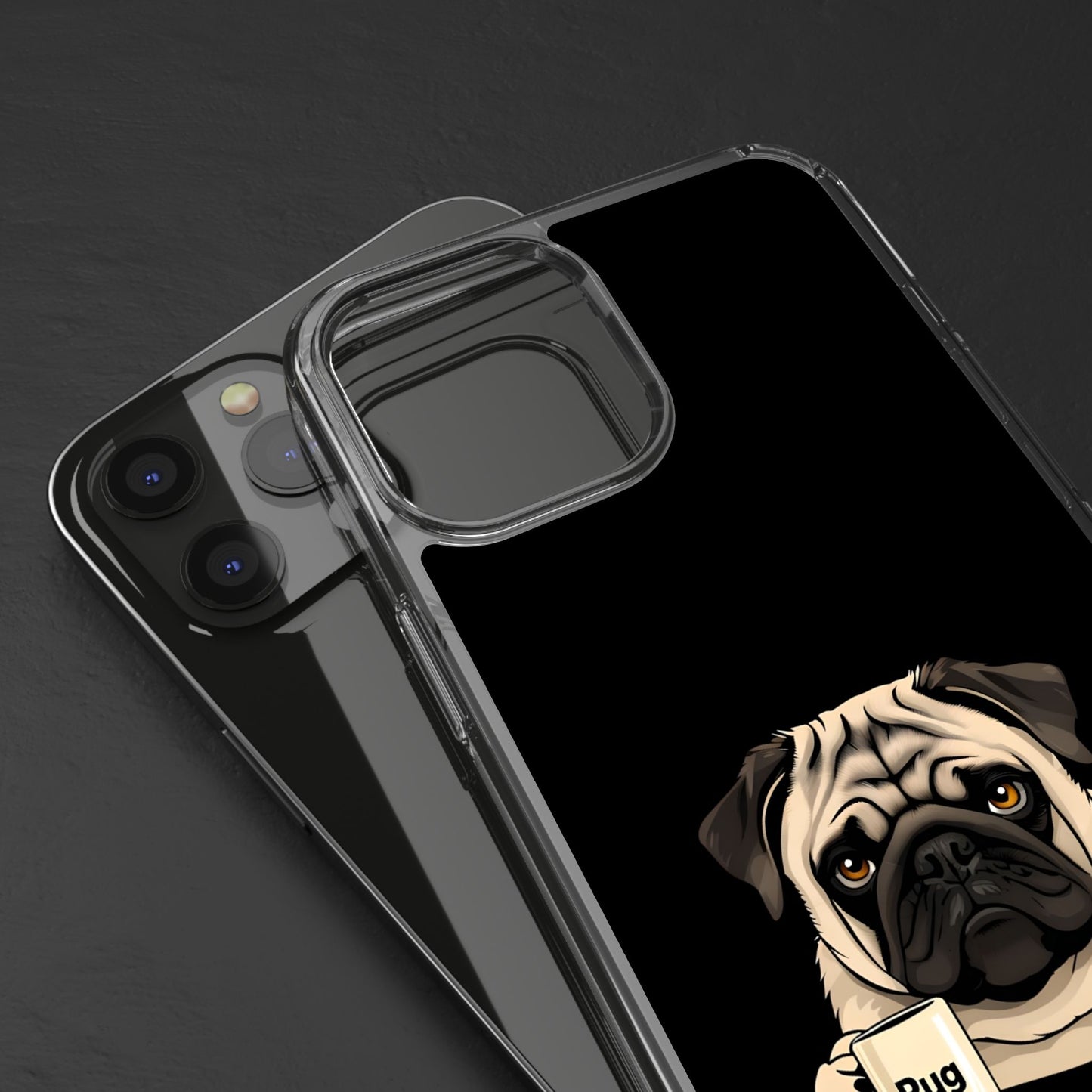 Pug Dog Clear Case with Coffee Mug Design - Cute Phone Cover