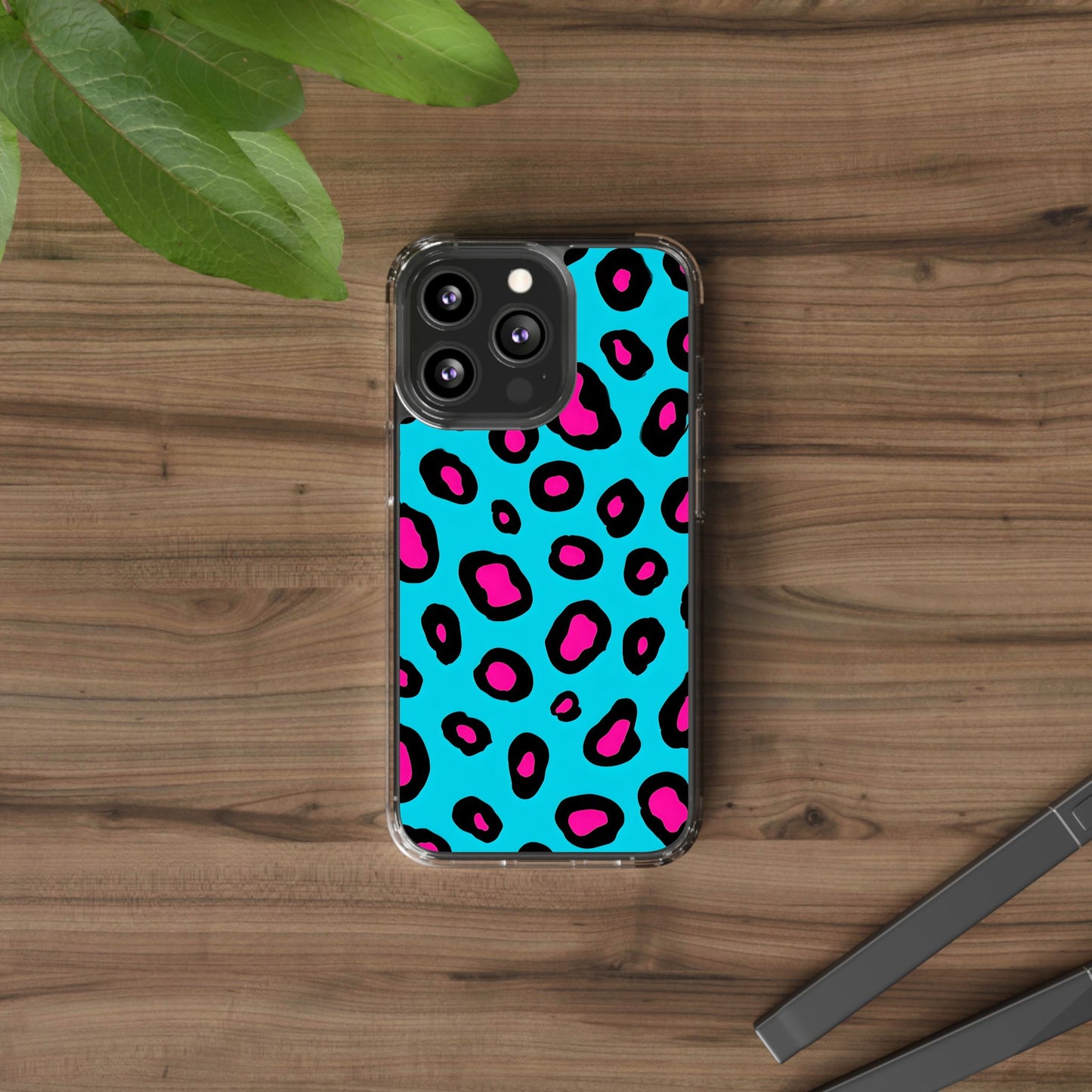 Trendy Clear Phone Case with Pink Leopard Print