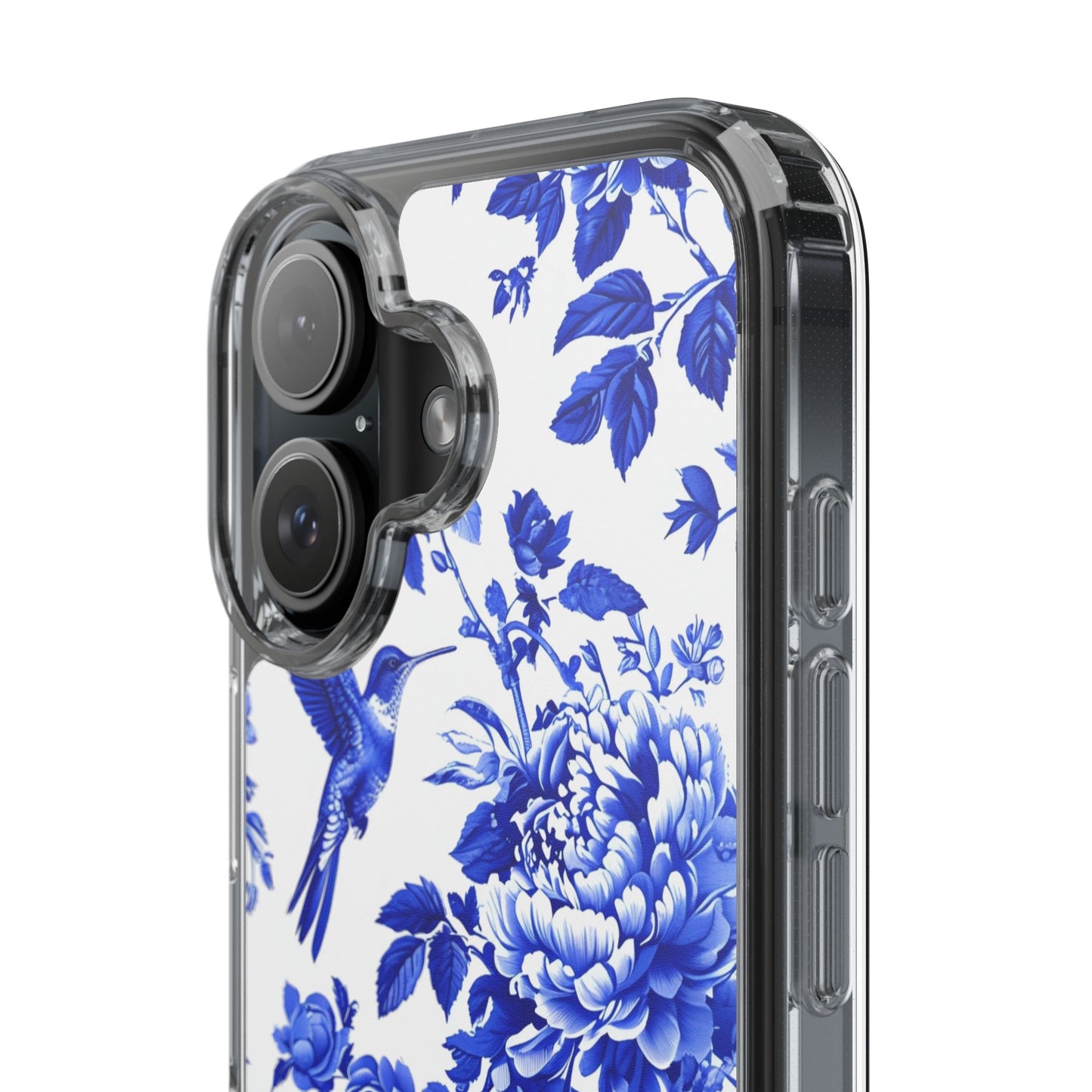 Elegant Floral Clear Phone Case - Blue Hummingbird & Peony Design