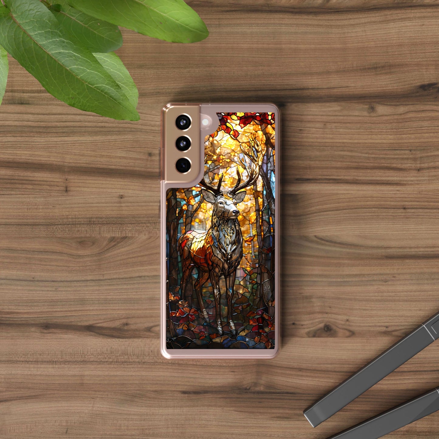 Stained Glass Deer Phone Case, Nature Lover Gift, Autumn Decor, Clear Phone Cover, Wildlife Accessory, Eco-Friendly Design