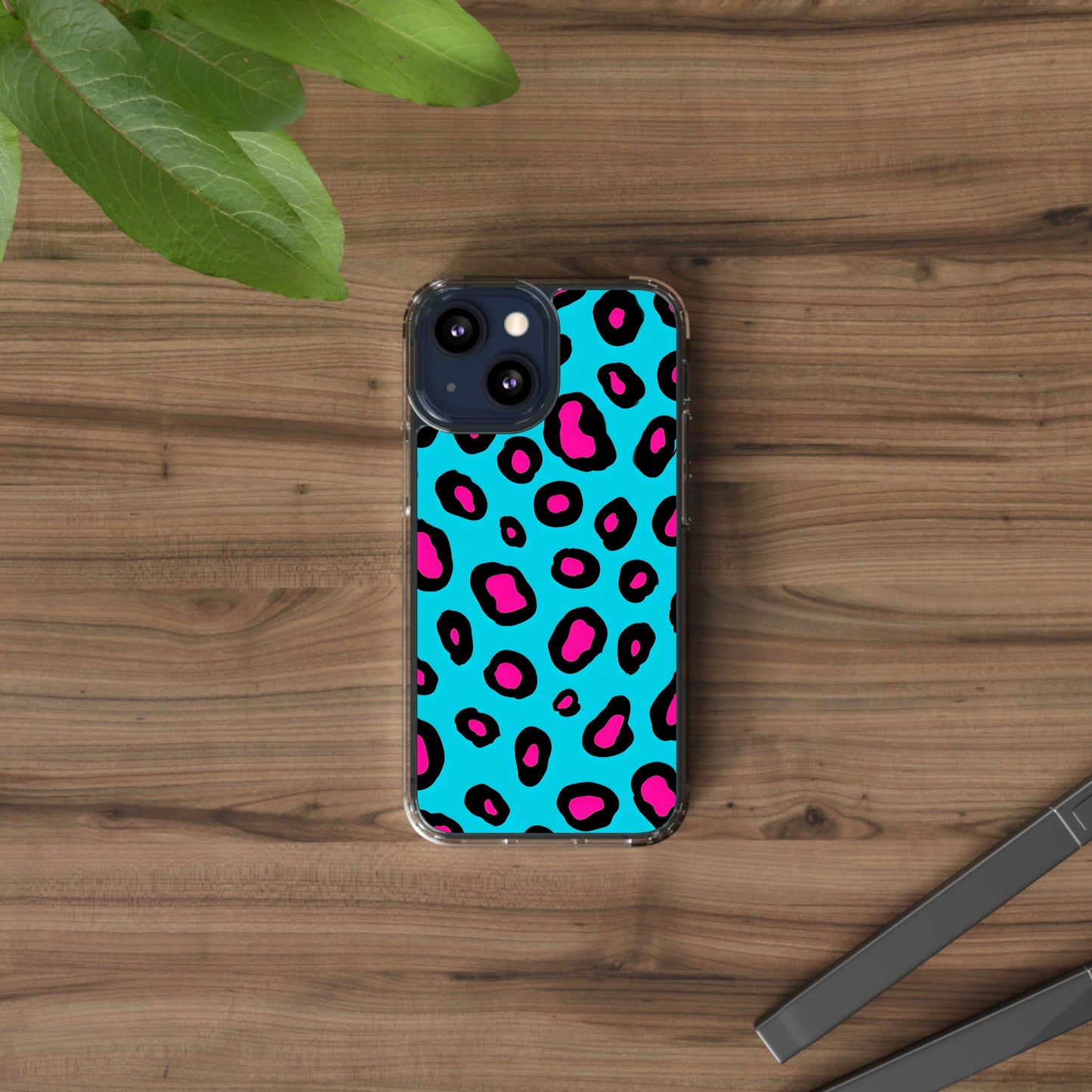 Trendy Clear Phone Case with Pink Leopard Print
