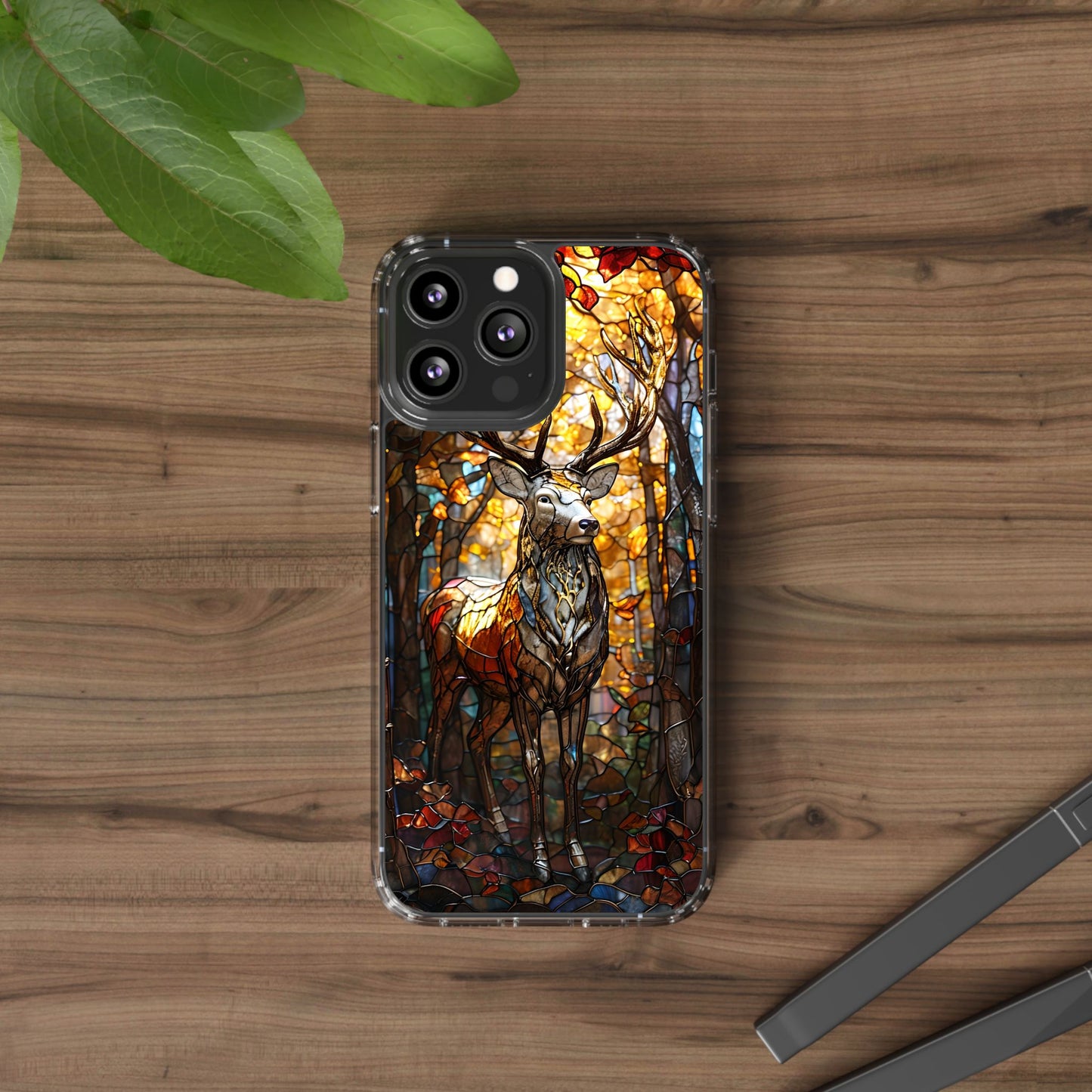 Stained Glass Deer Phone Case, Nature Lover Gift, Autumn Decor, Clear Phone Cover, Wildlife Accessory, Eco-Friendly Design