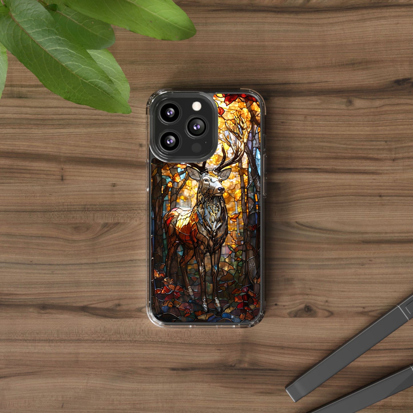 Stained Glass Deer Phone Case, Nature Lover Gift, Autumn Decor, Clear Phone Cover, Wildlife Accessory, Eco-Friendly Design