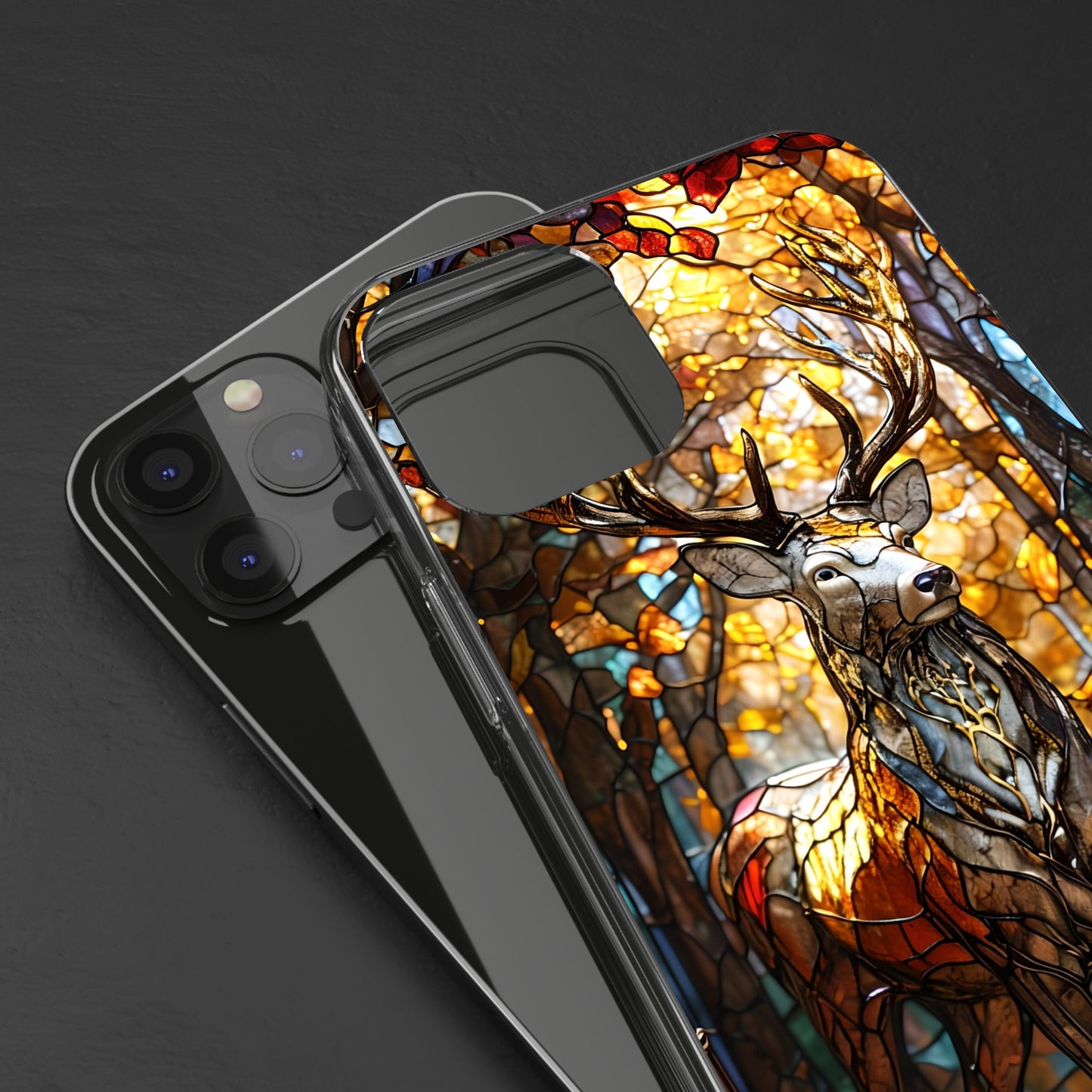 Stained Glass Deer Phone Case, Nature Lover Gift, Autumn Decor, Clear Phone Cover, Wildlife Accessory, Eco-Friendly Design