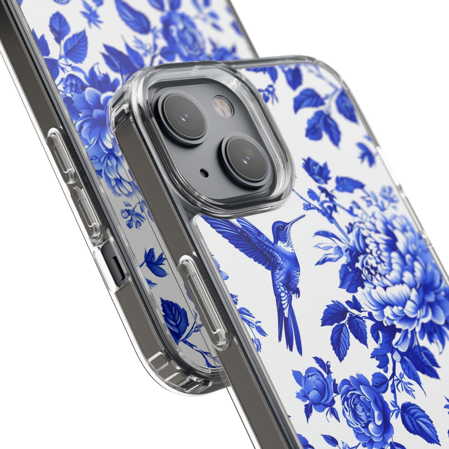 Elegant Floral Clear Phone Case - Blue Hummingbird & Peony Design