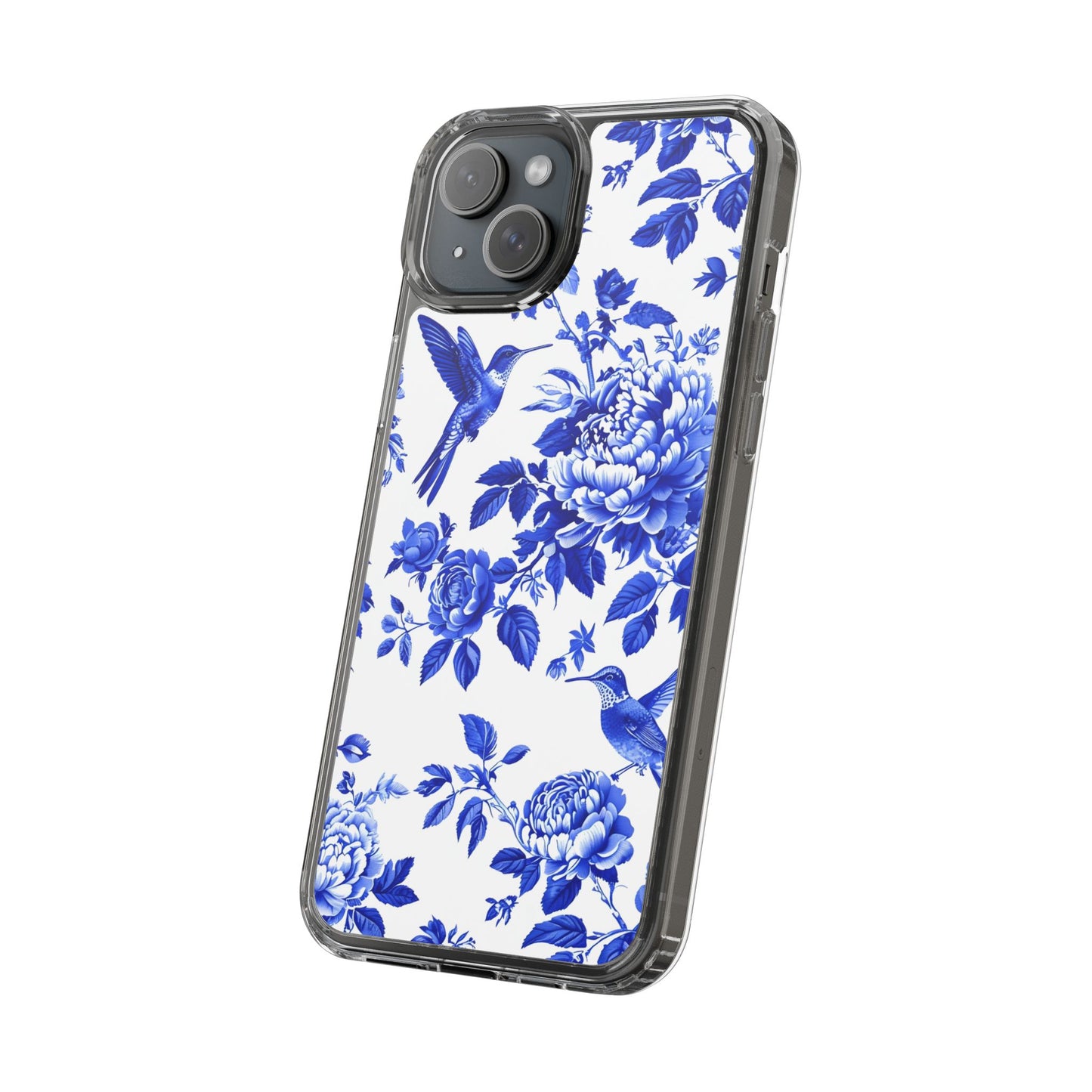 Elegant Floral Clear Phone Case - Blue Hummingbird & Peony Design