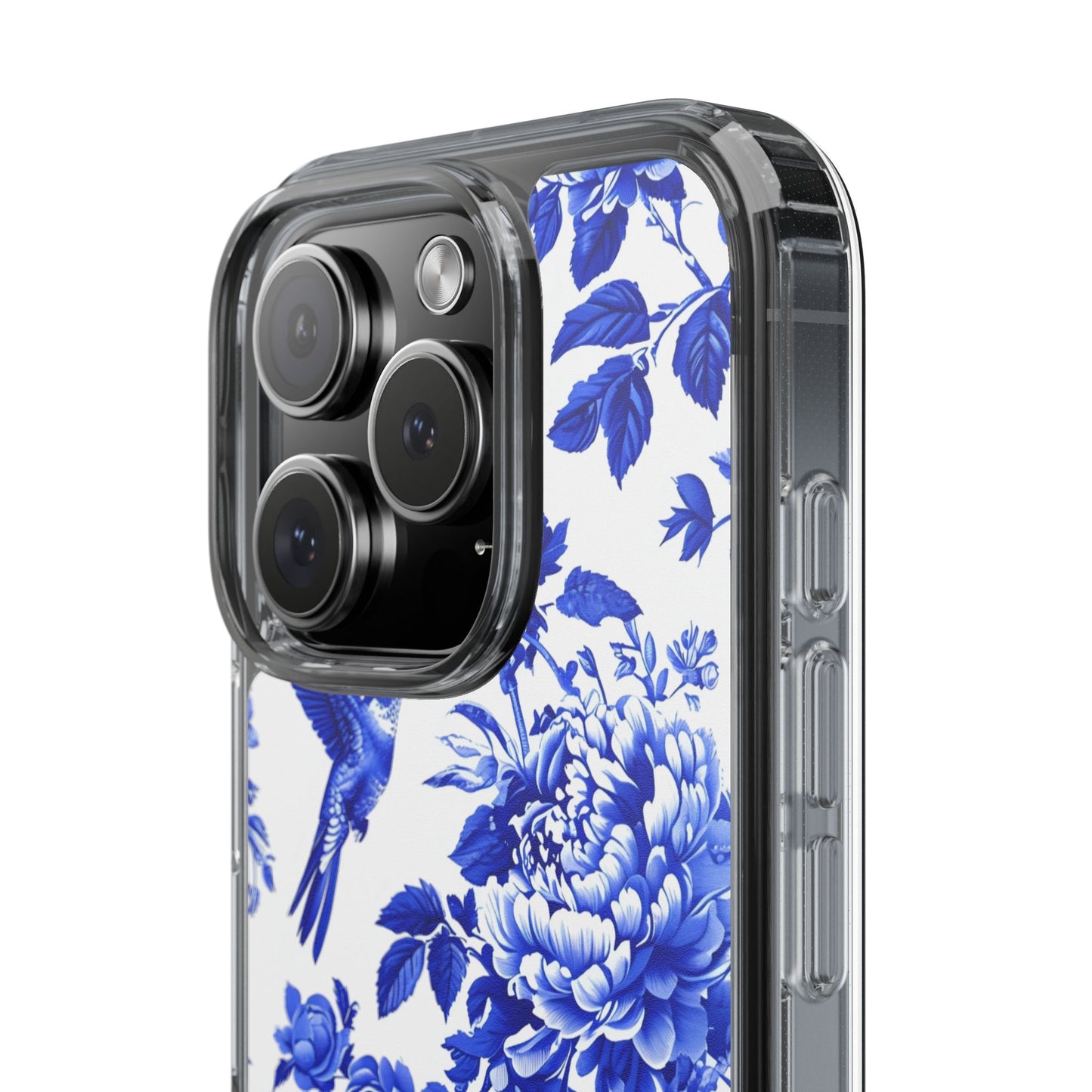 Elegant Floral Clear Phone Case - Blue Hummingbird & Peony Design