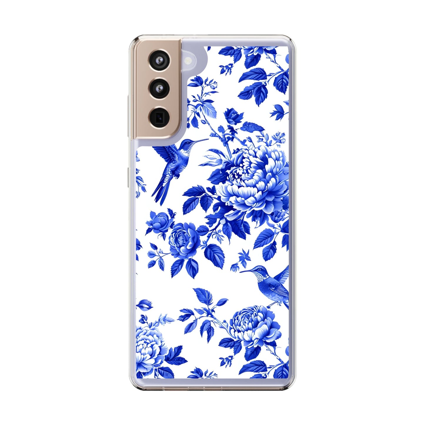 Elegant Floral Clear Phone Case - Blue Hummingbird & Peony Design