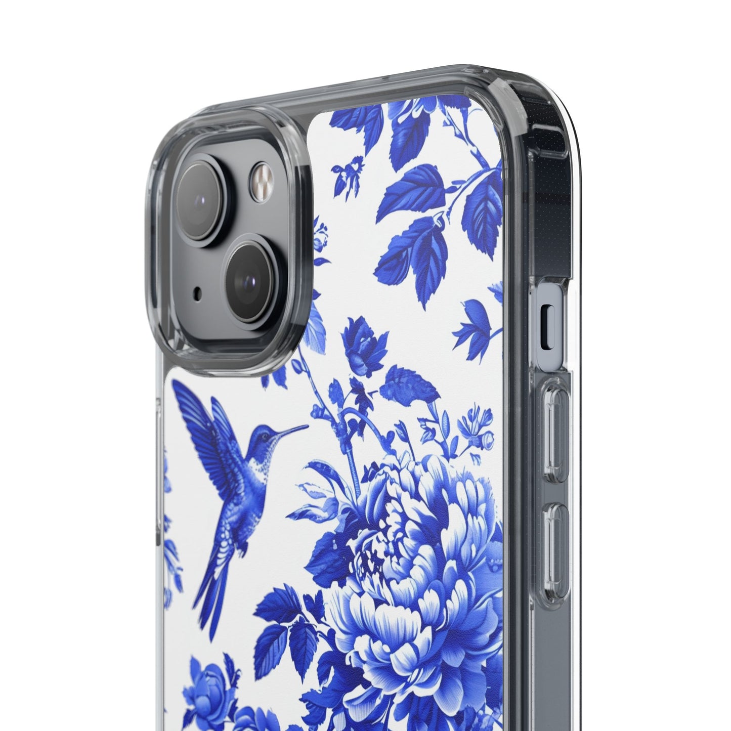 Elegant Floral Clear Phone Case - Blue Hummingbird & Peony Design