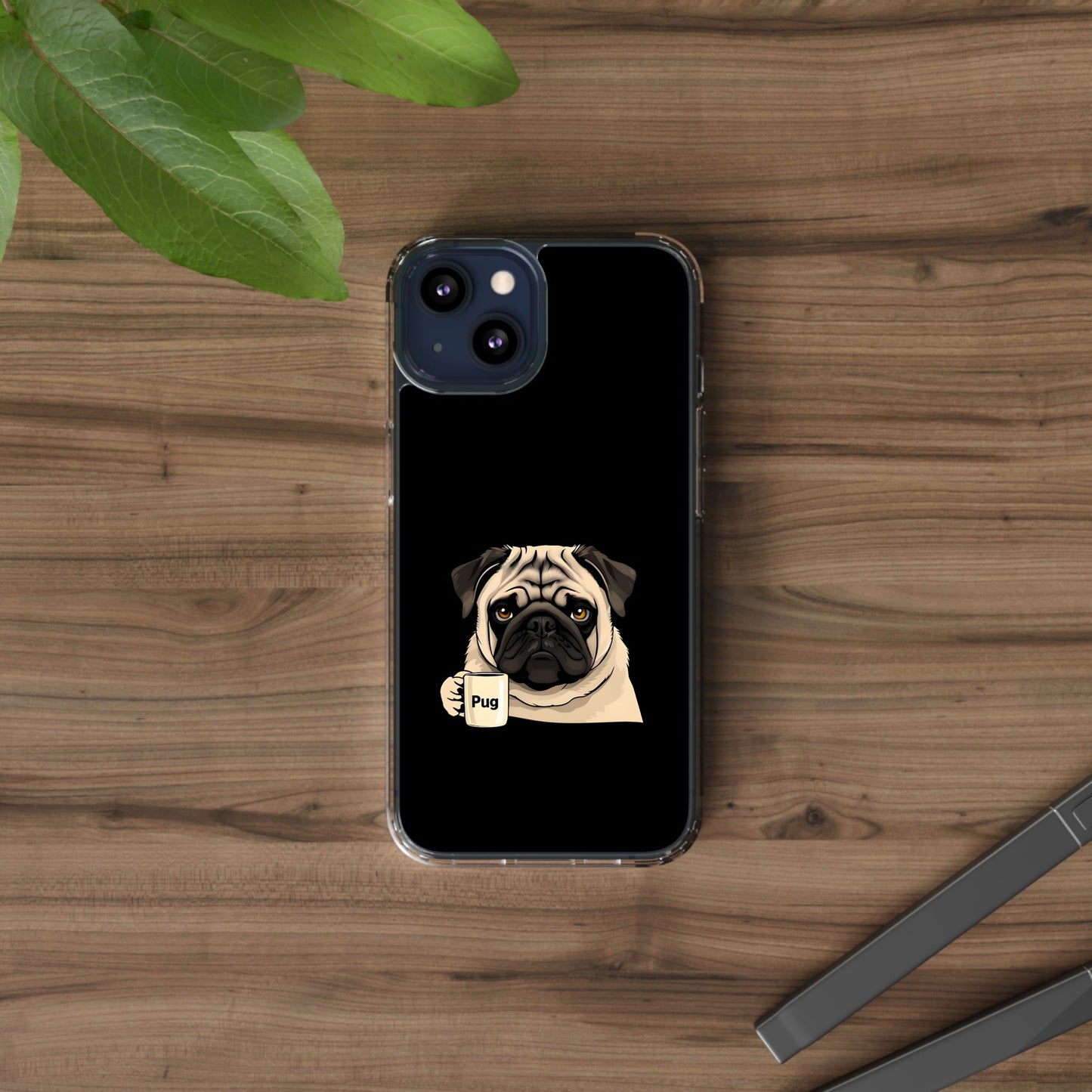 Pug Dog Clear Case with Coffee Mug Design - Cute Phone Cover