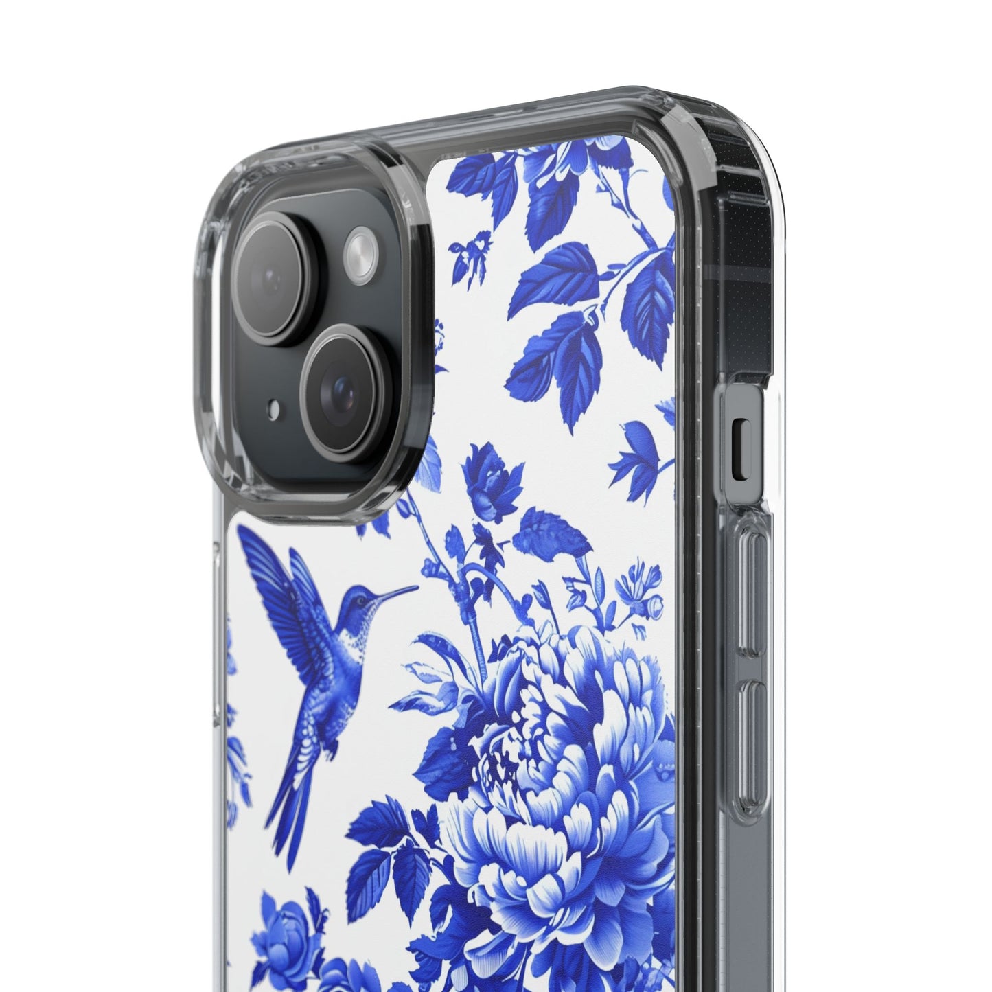 Elegant Floral Clear Phone Case - Blue Hummingbird & Peony Design
