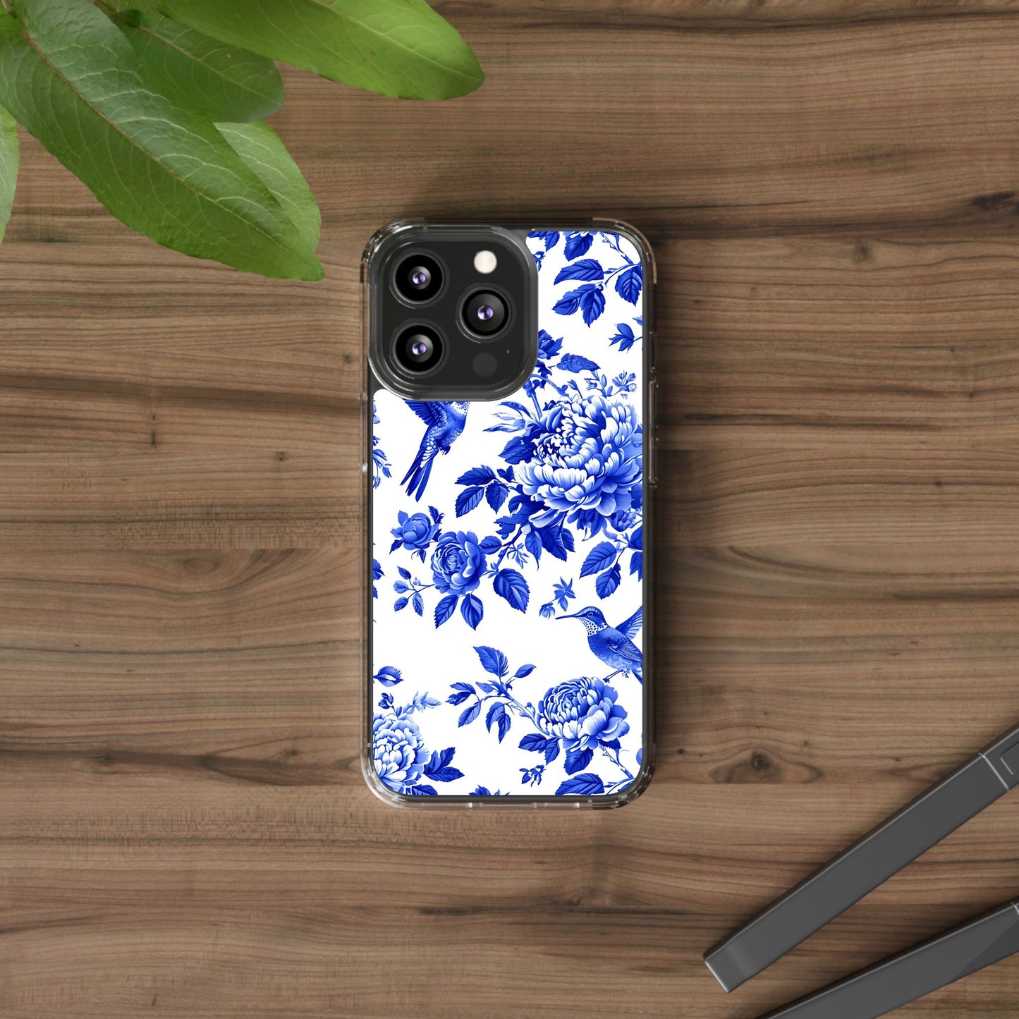 Elegant Floral Clear Phone Case - Blue Hummingbird & Peony Design