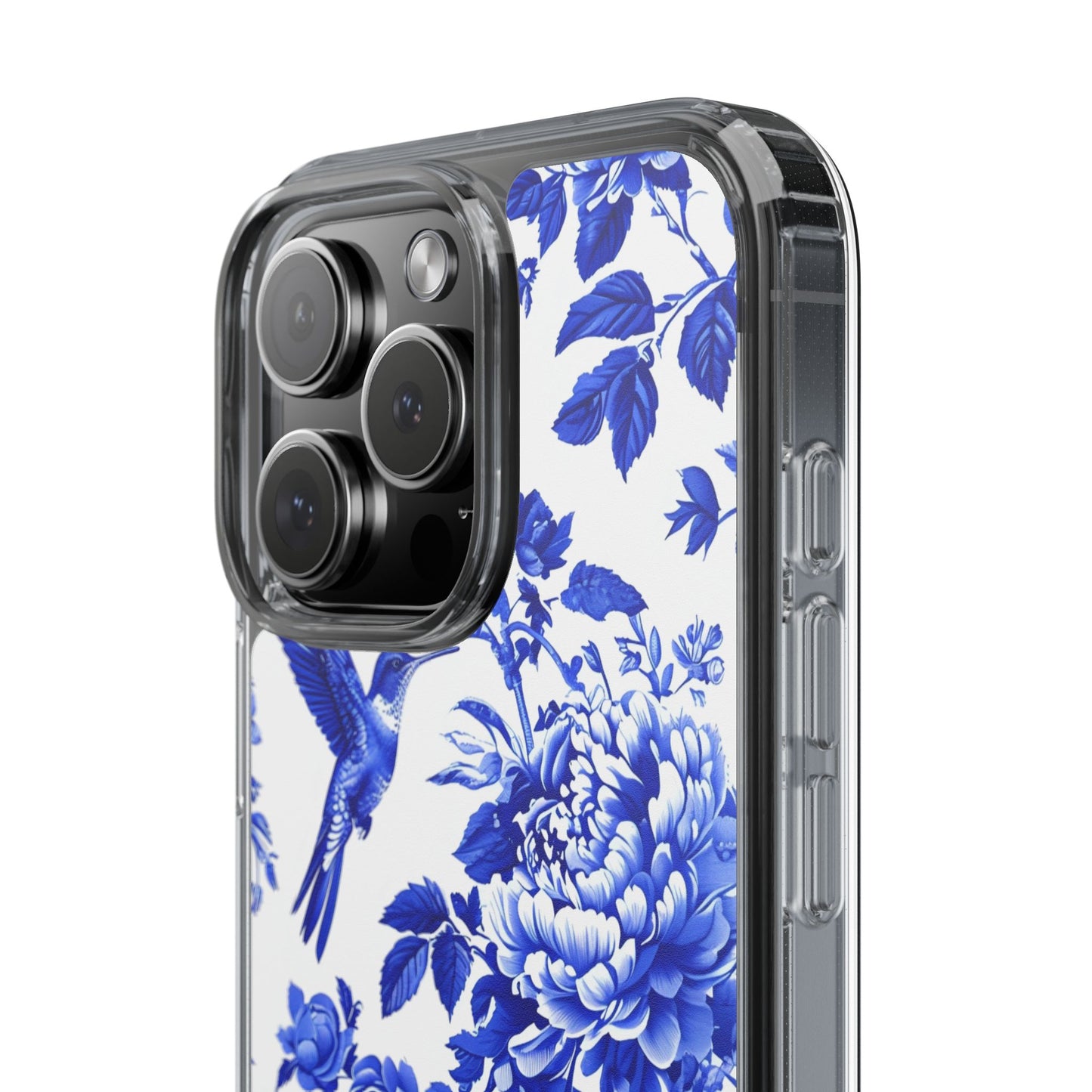 Elegant Floral Clear Phone Case - Blue Hummingbird & Peony Design