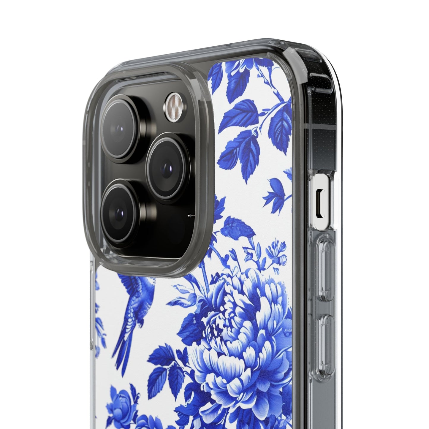 Elegant Floral Clear Phone Case - Blue Hummingbird & Peony Design