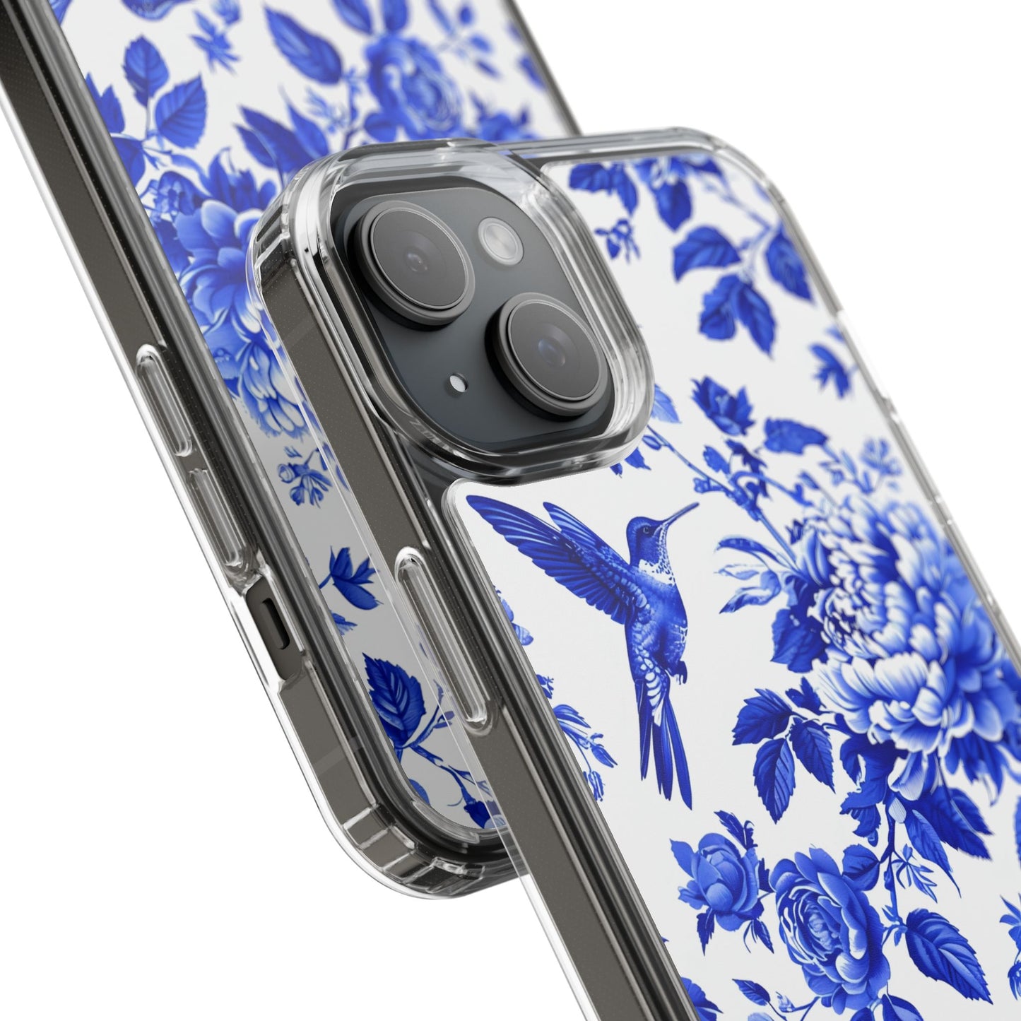 Elegant Floral Clear Phone Case - Blue Hummingbird & Peony Design