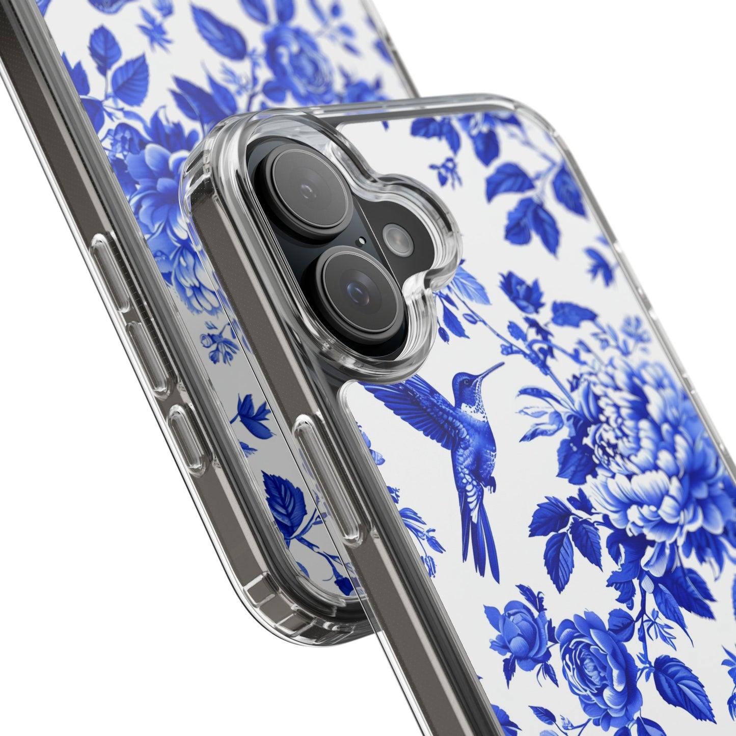 Elegant Floral Clear Phone Case - Blue Hummingbird & Peony Design