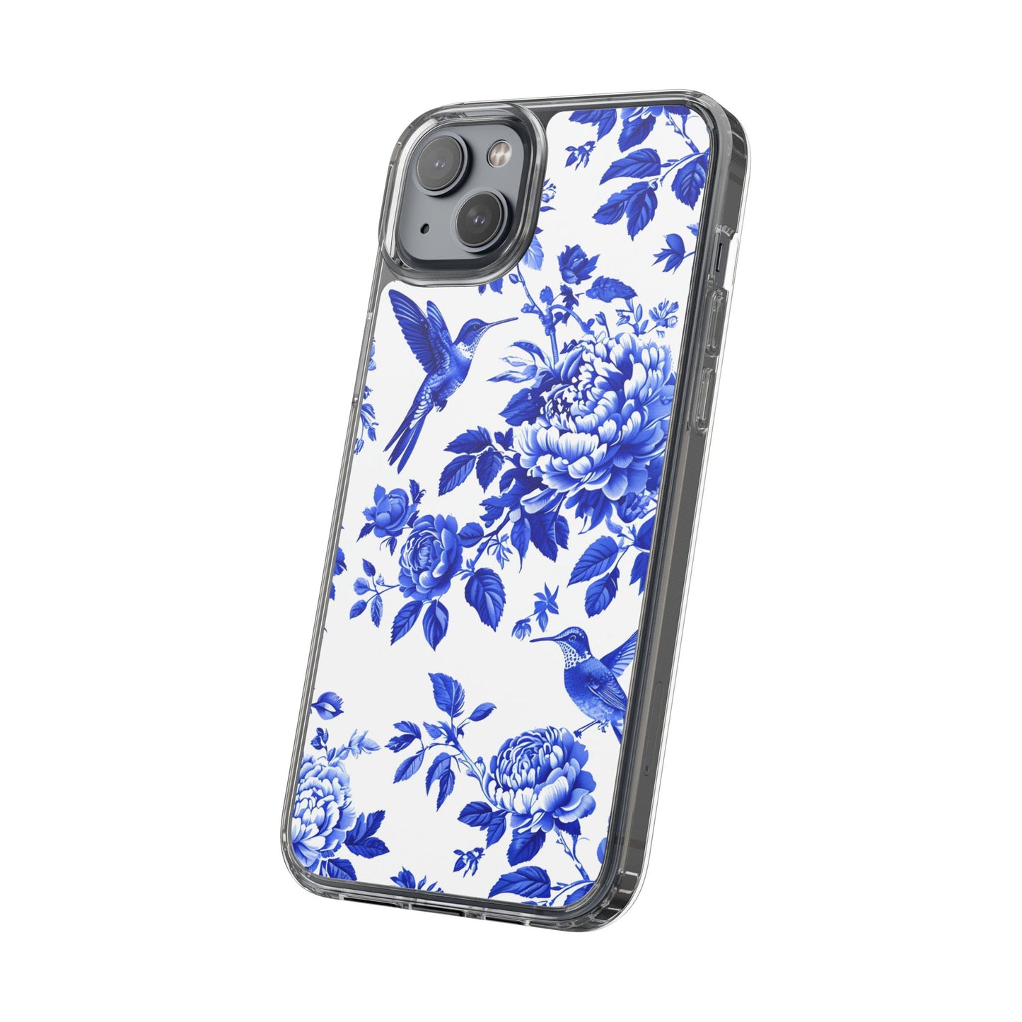 Elegant Floral Clear Phone Case - Blue Hummingbird & Peony Design