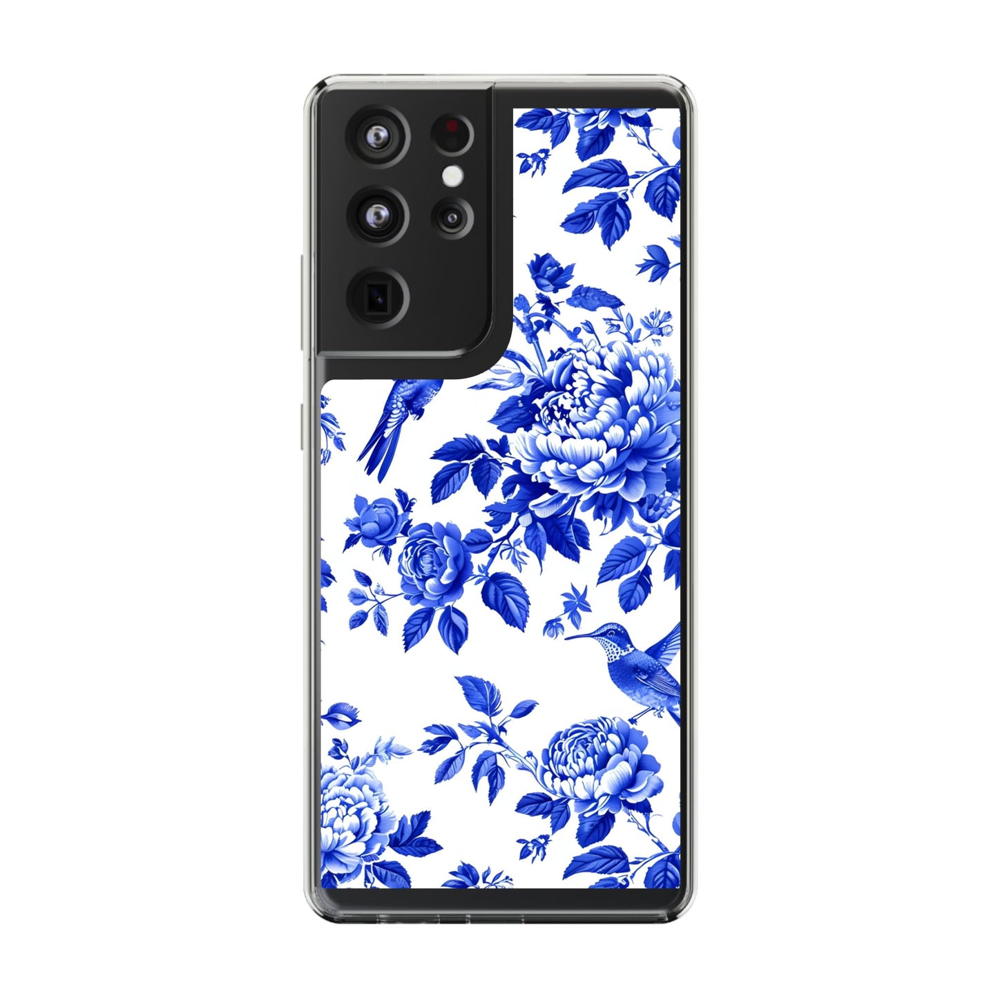 Elegant Floral Clear Phone Case - Blue Hummingbird & Peony Design