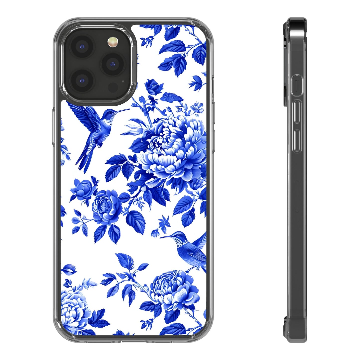Elegant Floral Clear Phone Case - Blue Hummingbird & Peony Design