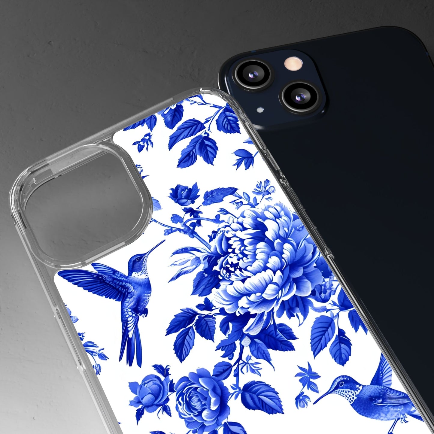 Elegant Floral Clear Phone Case - Blue Hummingbird & Peony Design