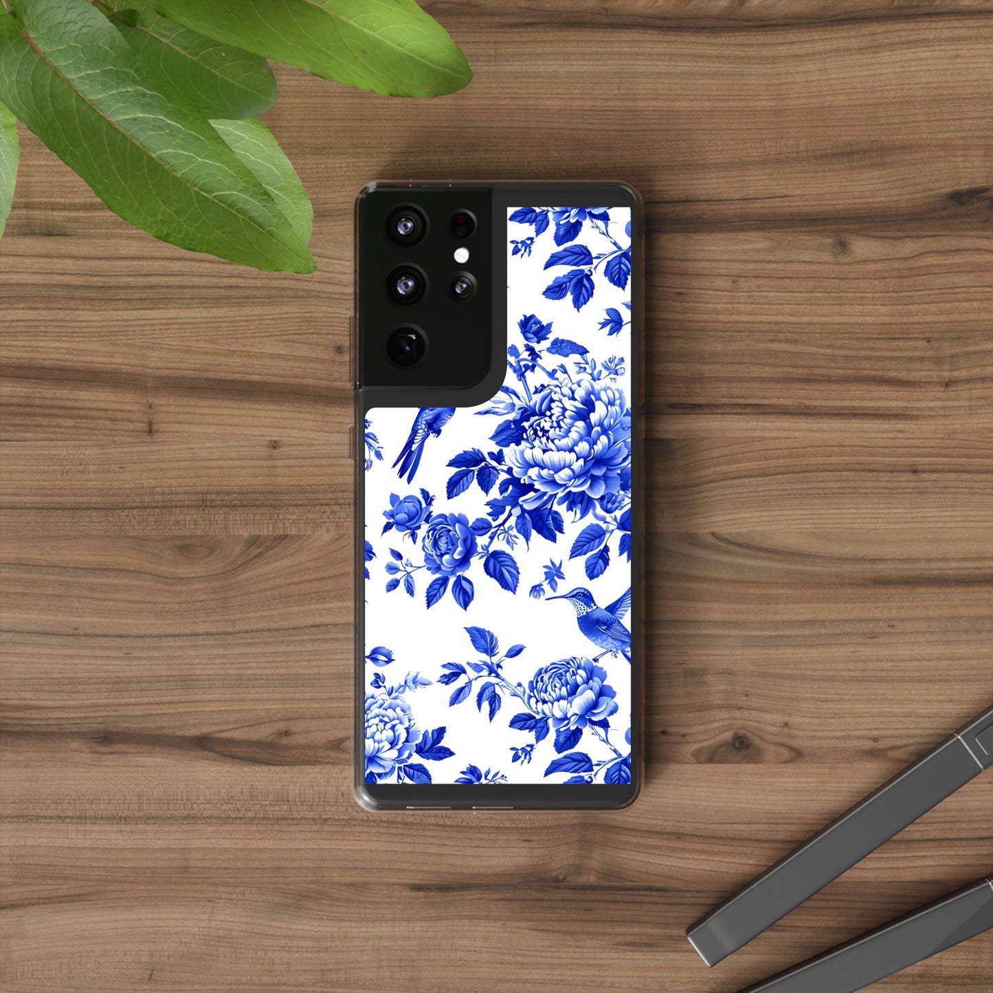 Elegant Floral Clear Phone Case - Blue Hummingbird & Peony Design