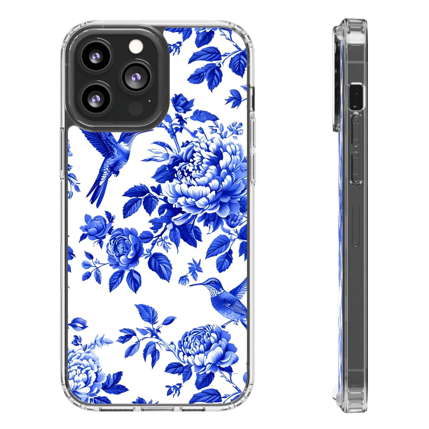 Elegant Floral Clear Phone Case - Blue Hummingbird & Peony Design