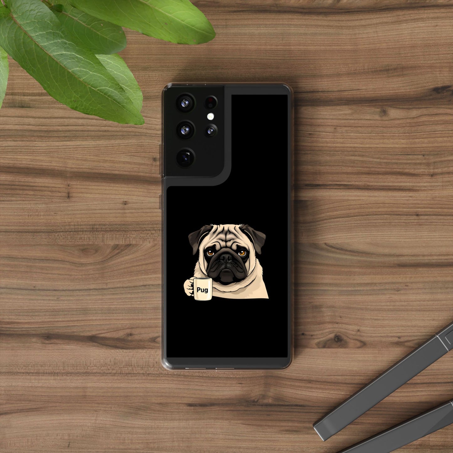 Pug Dog Clear Case with Coffee Mug Design - Cute Phone Cover