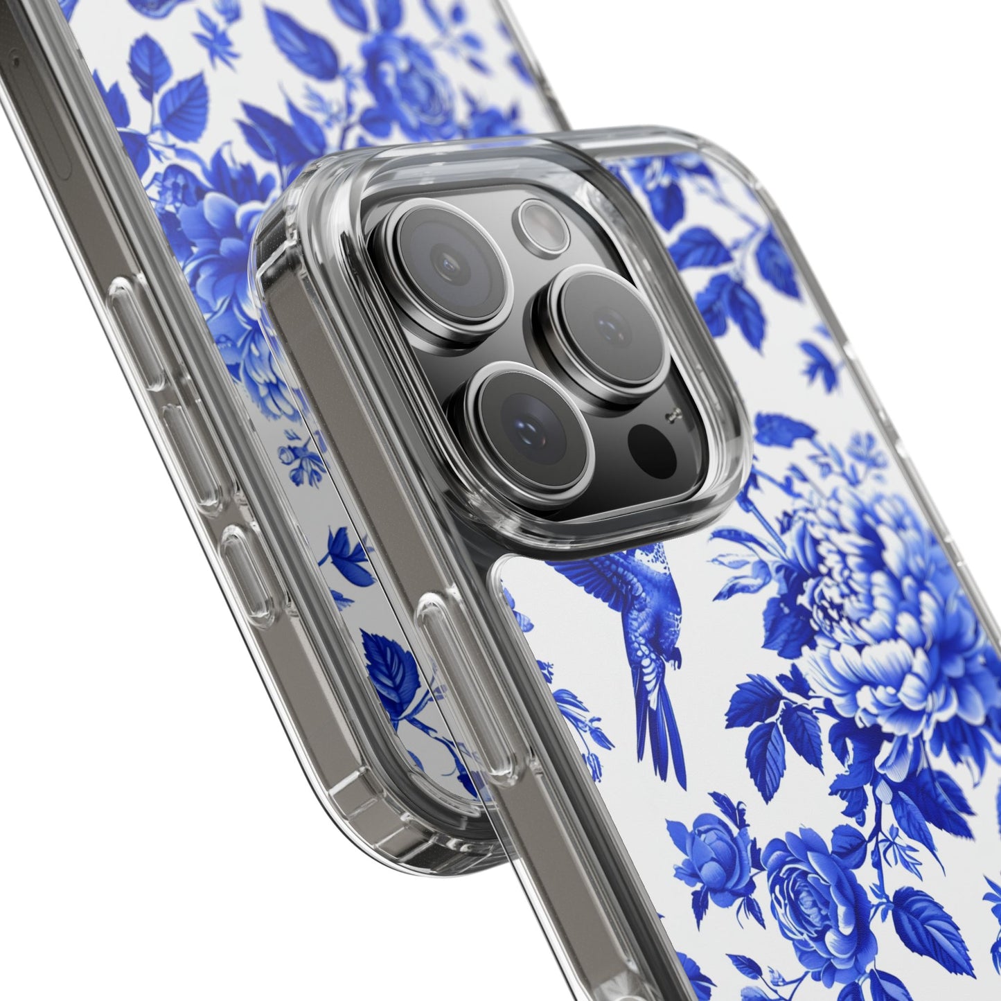 Elegant Floral Clear Phone Case - Blue Hummingbird & Peony Design