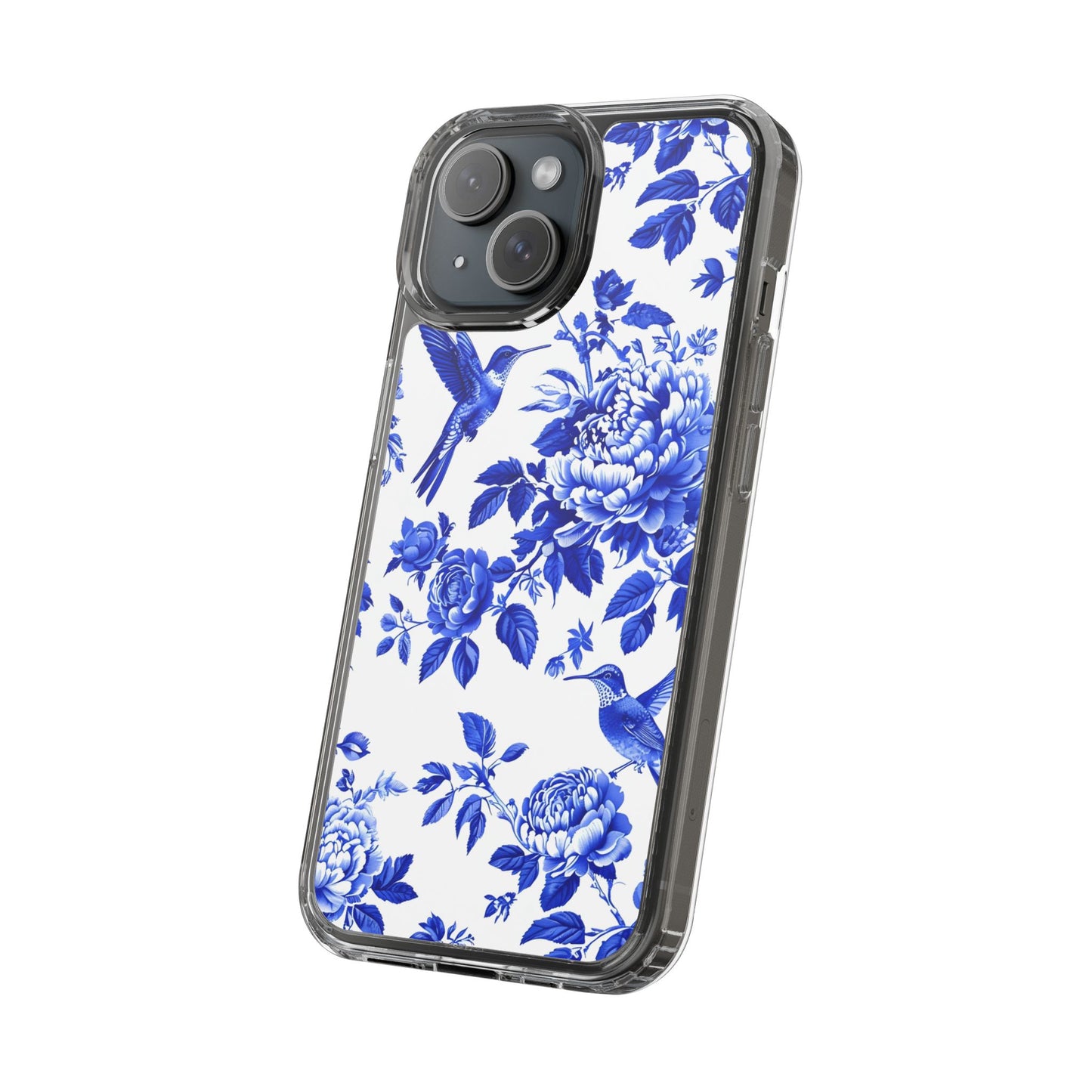 Elegant Floral Clear Phone Case - Blue Hummingbird & Peony Design