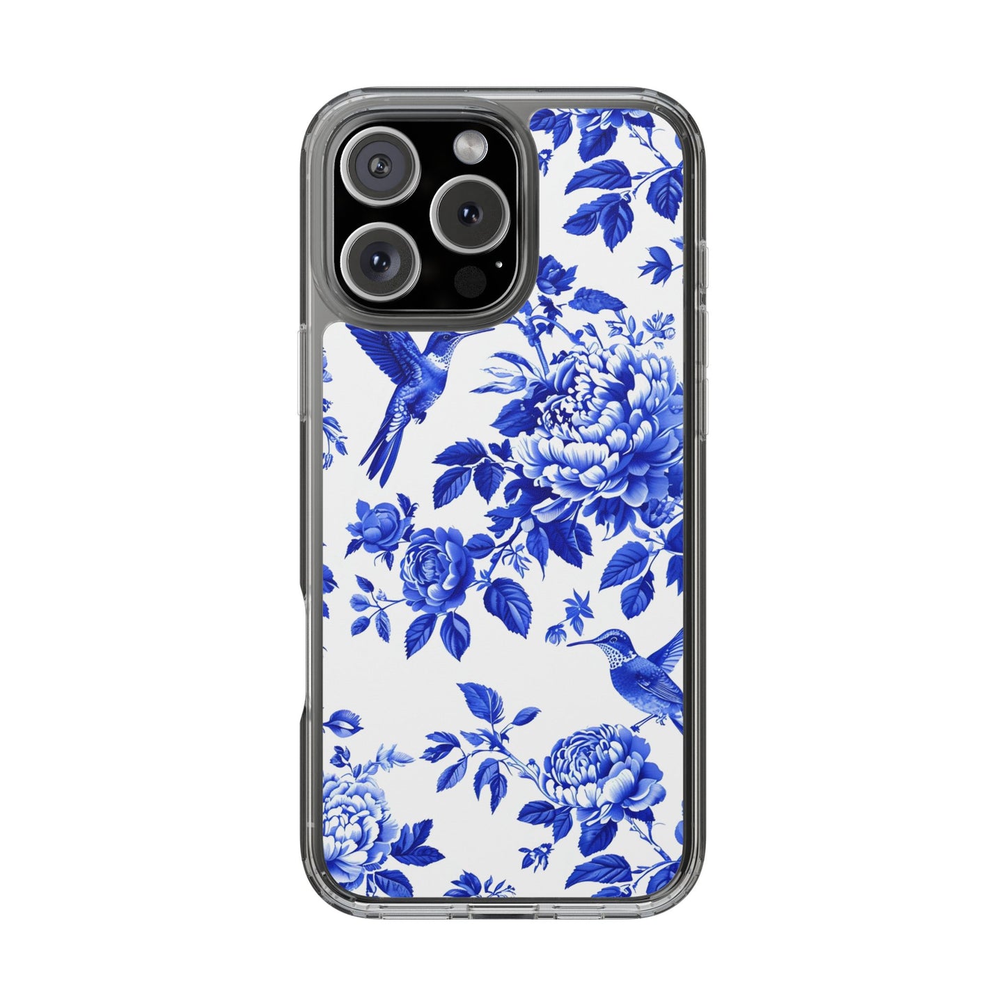 Elegant Floral Clear Phone Case - Blue Hummingbird & Peony Design
