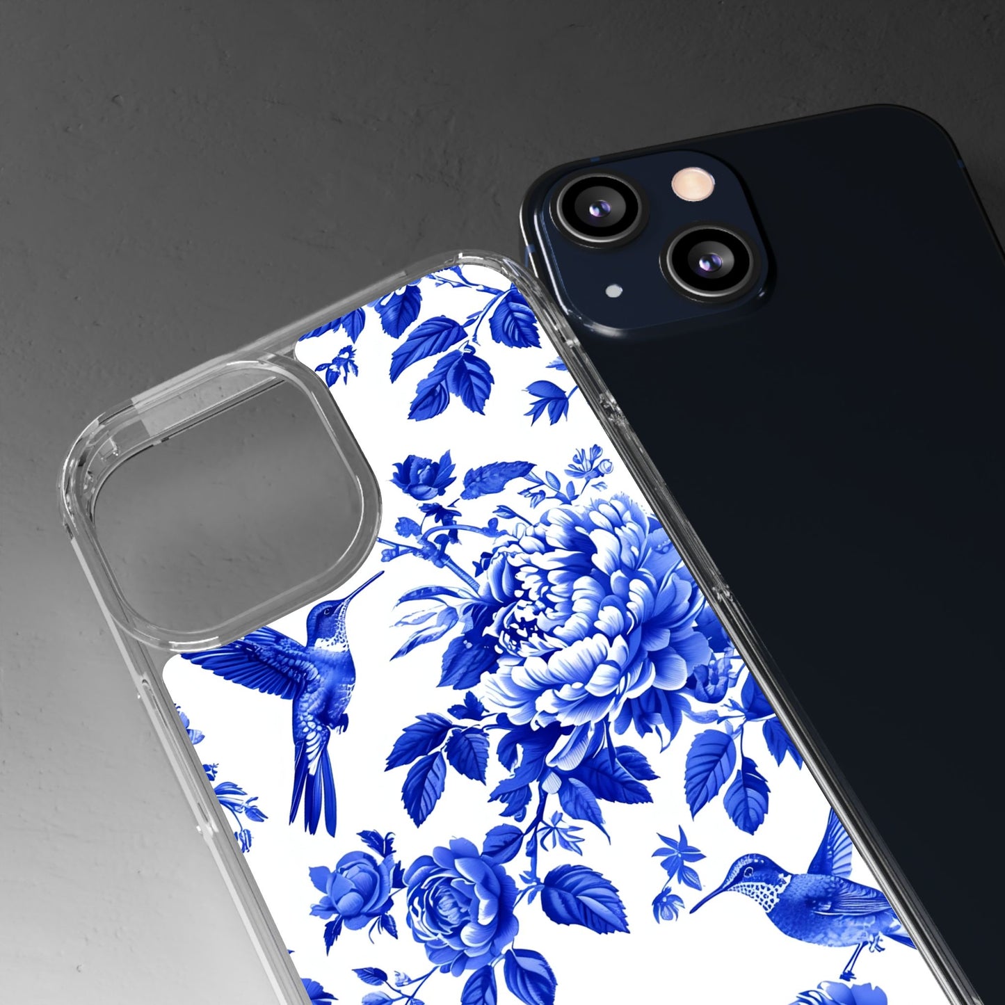 Elegant Floral Clear Phone Case - Blue Hummingbird & Peony Design