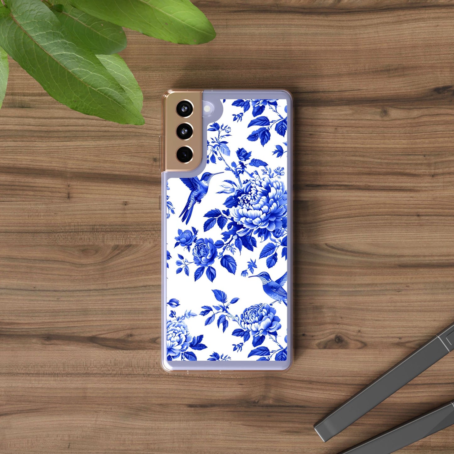 Elegant Floral Clear Phone Case - Blue Hummingbird & Peony Design