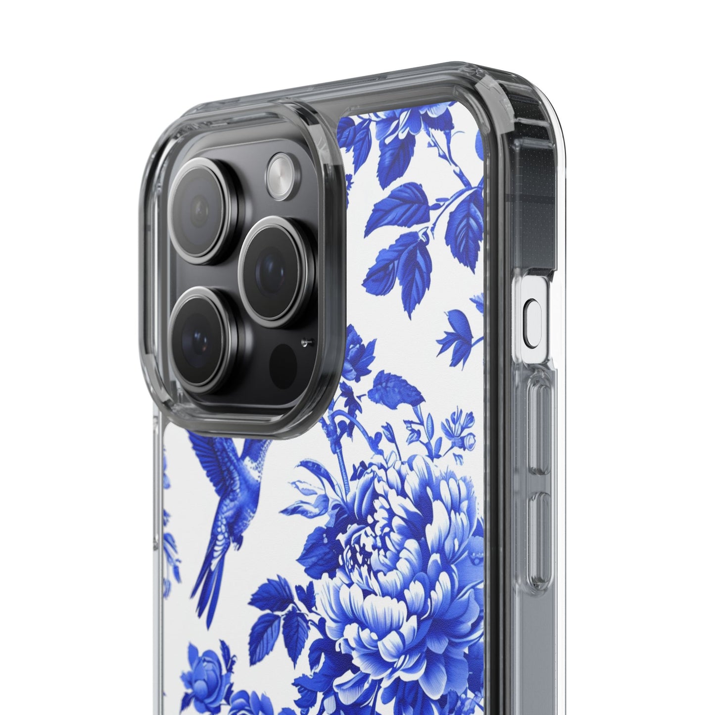 Elegant Floral Clear Phone Case - Blue Hummingbird & Peony Design