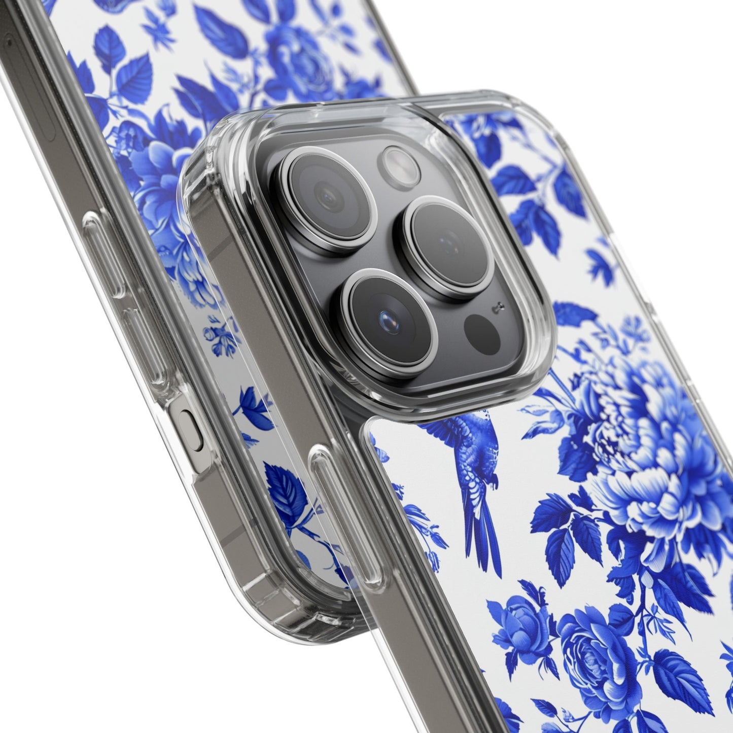 Elegant Floral Clear Phone Case - Blue Hummingbird & Peony Design