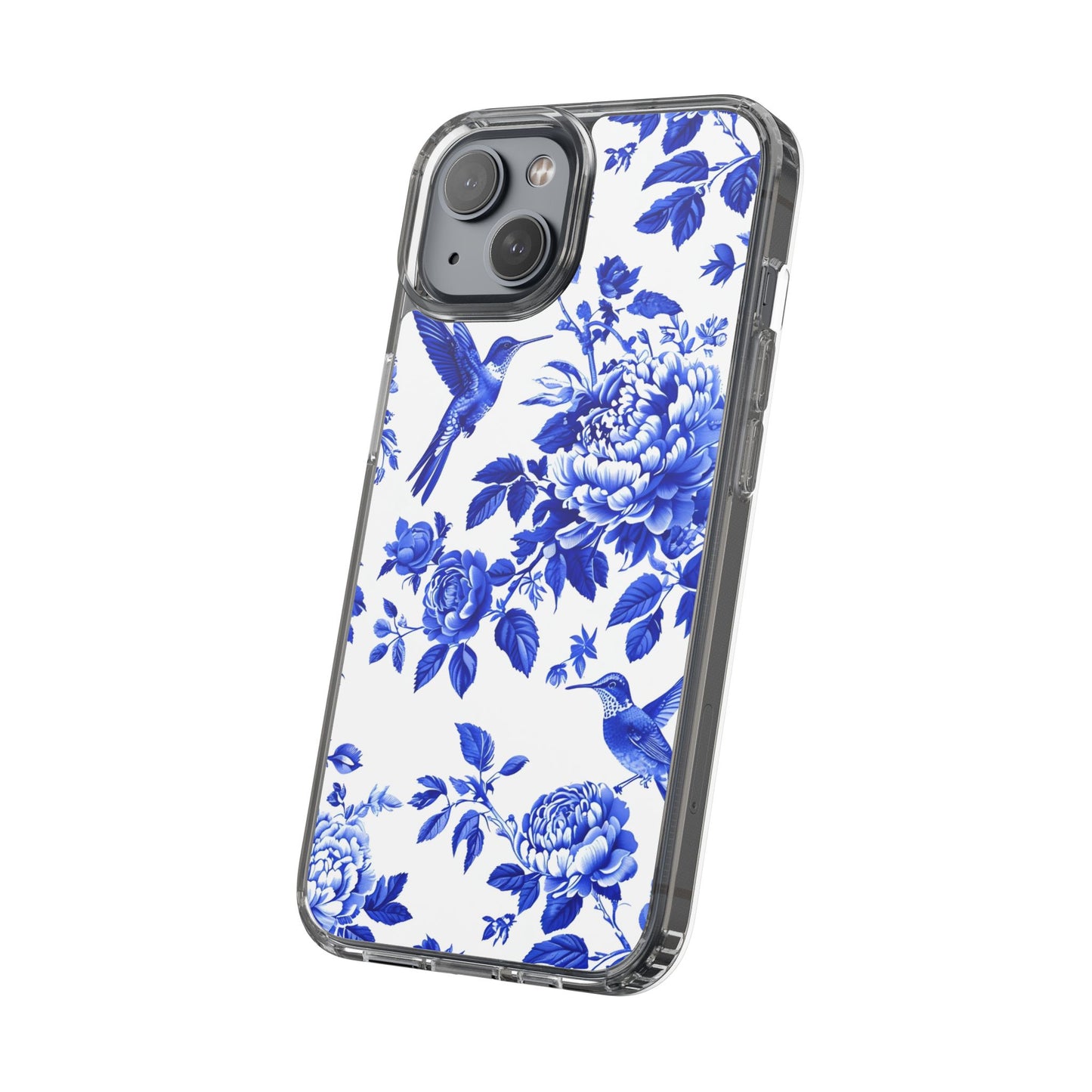 Elegant Floral Clear Phone Case - Blue Hummingbird & Peony Design