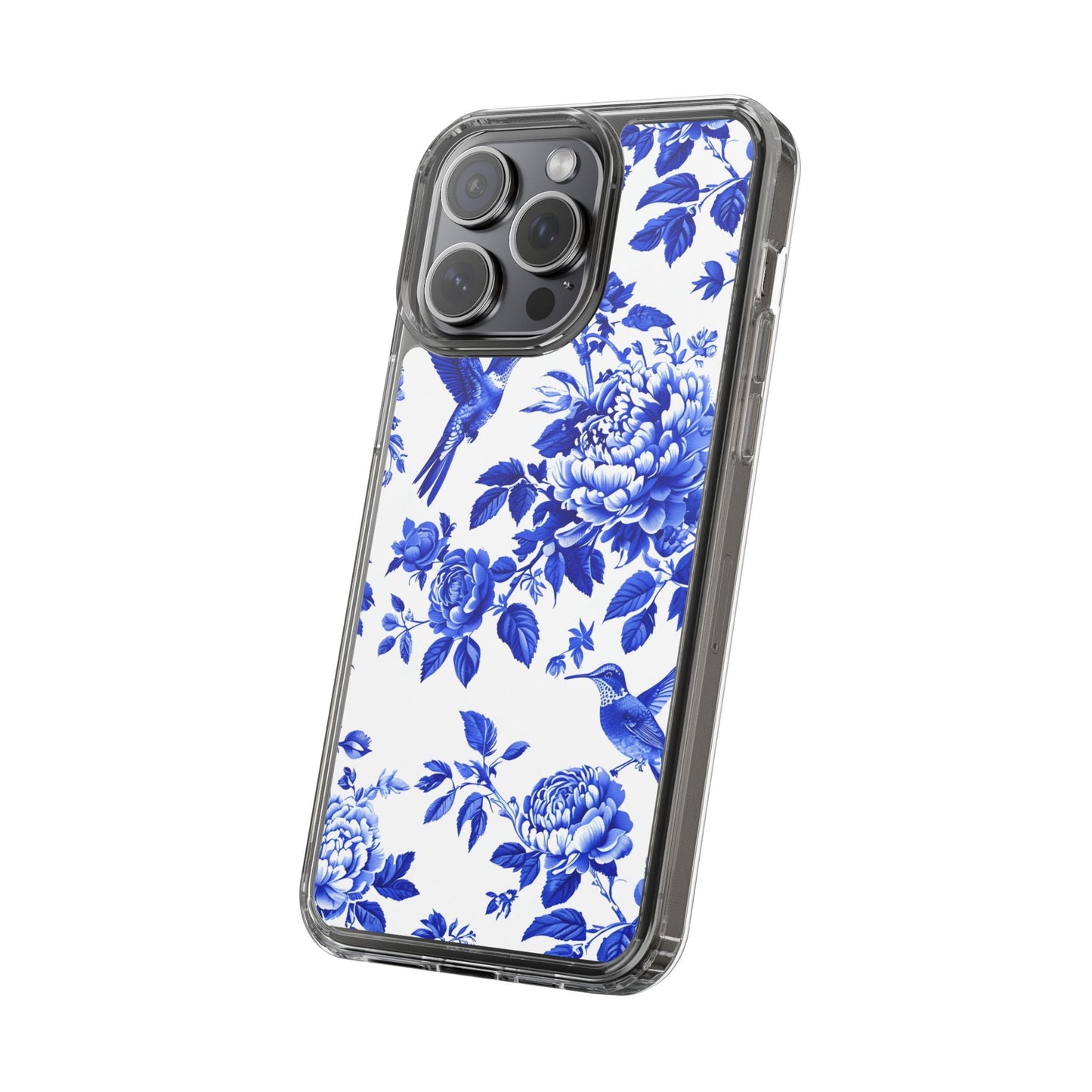 Elegant Floral Clear Phone Case - Blue Hummingbird & Peony Design