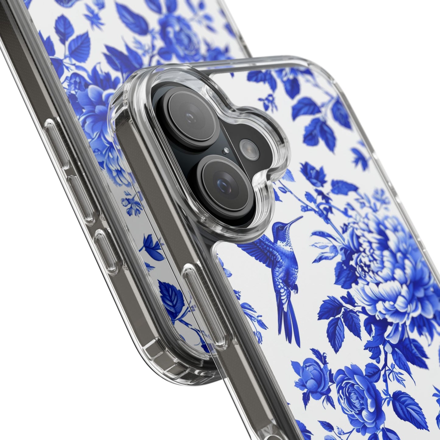 Elegant Floral Clear Phone Case - Blue Hummingbird & Peony Design