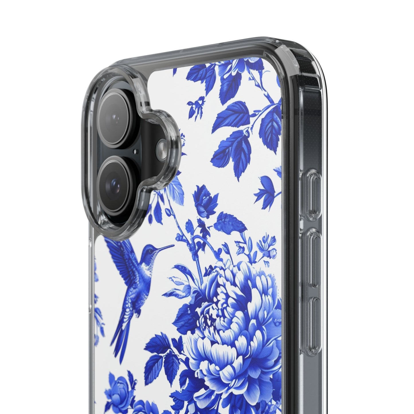 Elegant Floral Clear Phone Case - Blue Hummingbird & Peony Design
