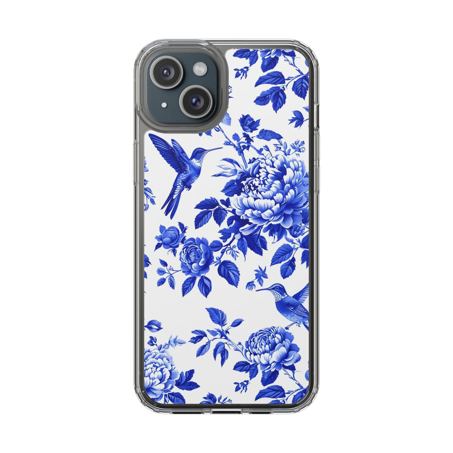 Elegant Floral Clear Phone Case - Blue Hummingbird & Peony Design