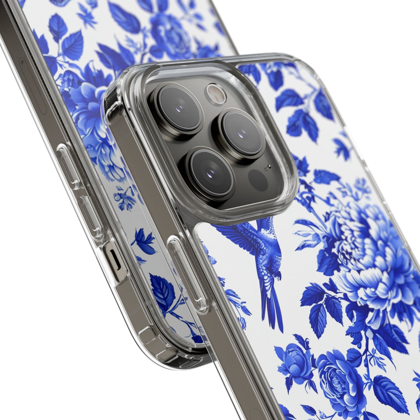 Elegant Floral Clear Phone Case - Blue Hummingbird & Peony Design