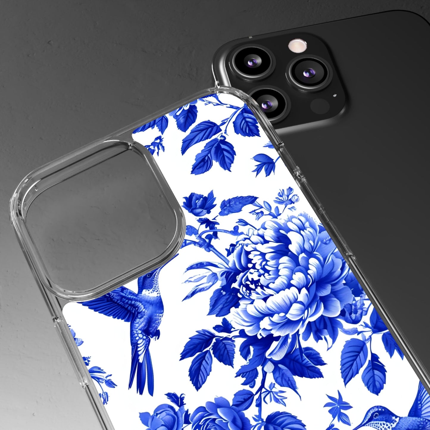 Elegant Floral Clear Phone Case - Blue Hummingbird & Peony Design